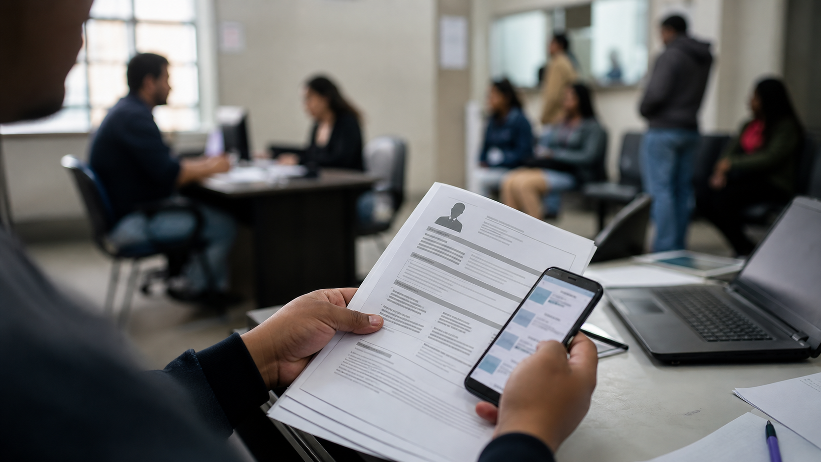 Pessoa segura currículo e celular em sala de atendimento de emprego