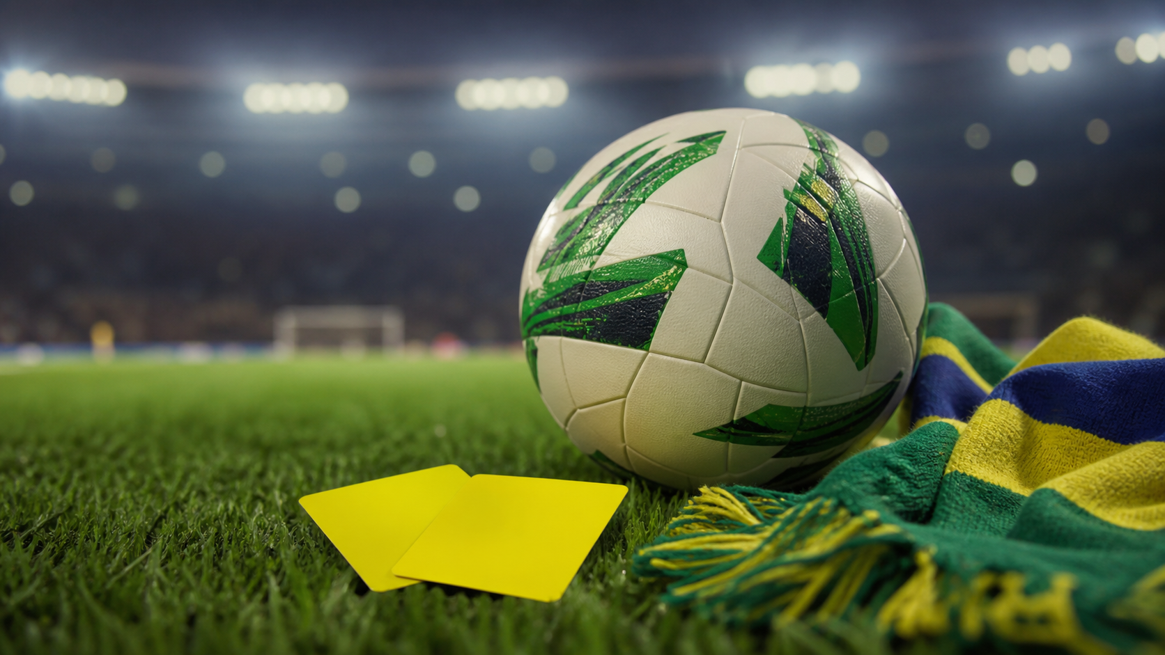 Cartões amarelos sobre gramado ao lado de bola e cachecol nas cores do Brasil