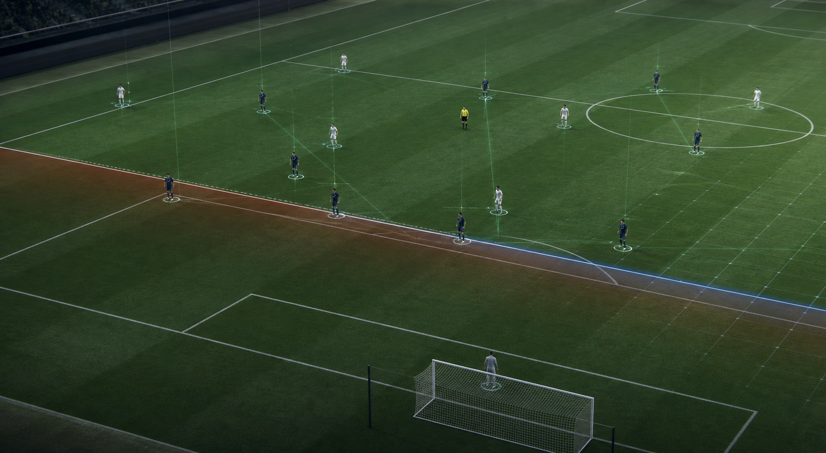 Campo de futebol com linhas digitais abstratas simulando checagem de impedimento semiautomático