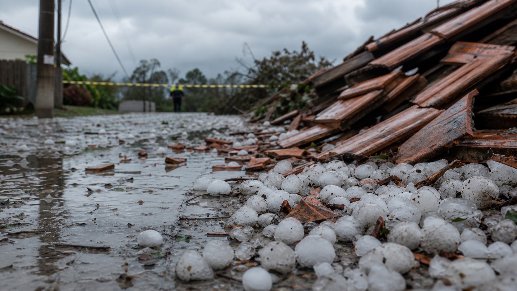 Granizo acumulado ao lado de telhas quebradas em rua molhada