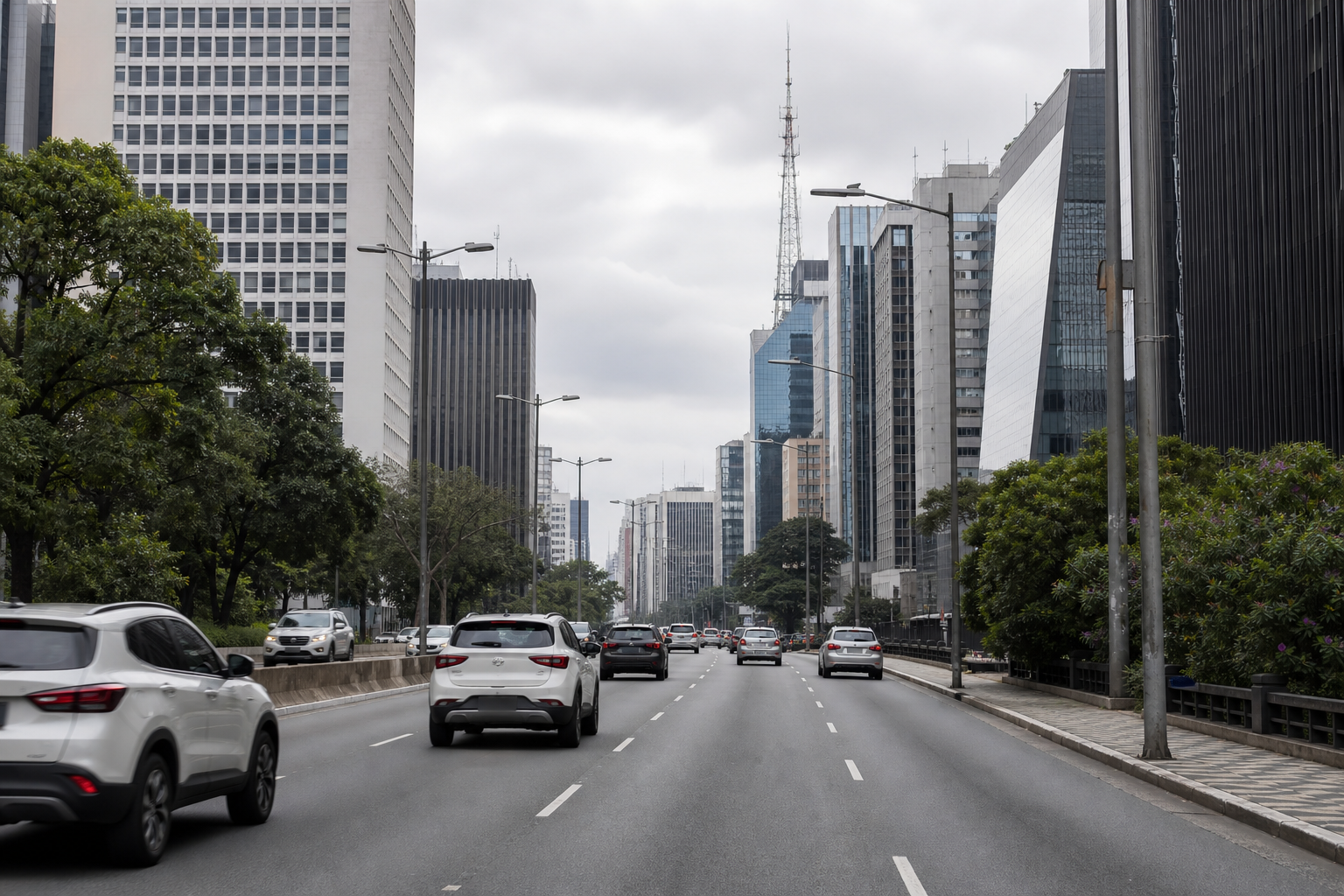 Avenida urbana com carros durante movimento tranquilo em São Paulo