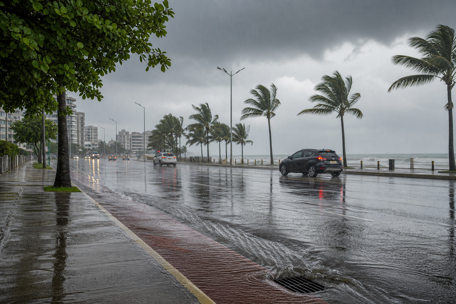 Ilustração editorial de chuva intensa em avenida costeira genérica, com pista molhada e palmeiras ao vento.