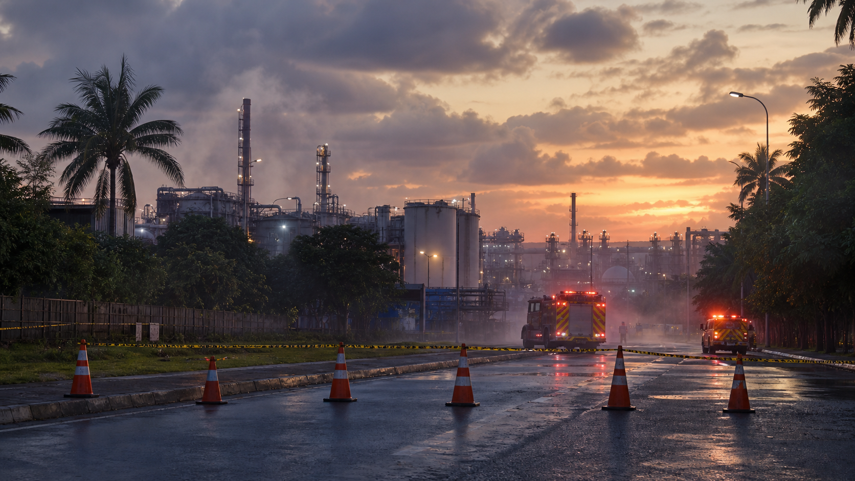 Ilustração editorial de avenida industrial tropical isolada por cones, com veículos de emergência genéricos ao fundo.