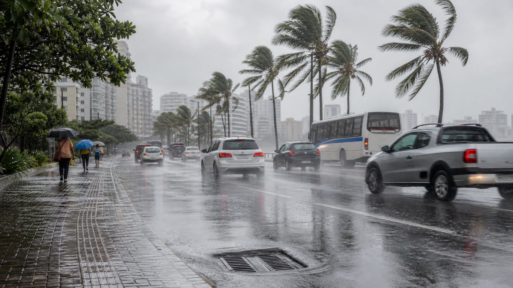 Ilustração editorial de avenida tropical genérica sob chuva, com carros cautelosos, pedestres com guarda-chuva e bueiro.