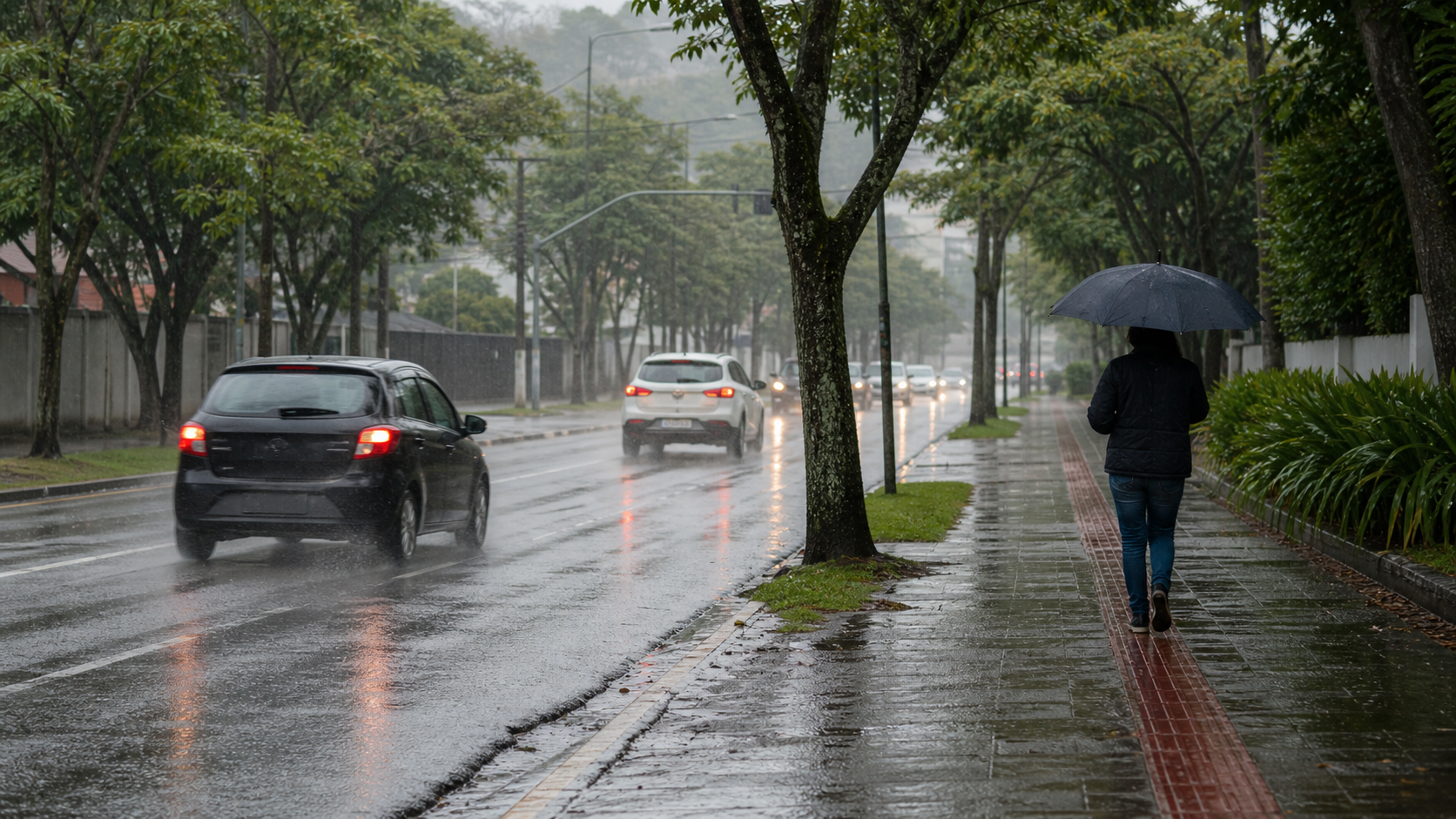 Ilustração editorial de avenida urbana genérica sob chuva, com carros cautelosos e pedestre visto de costas.