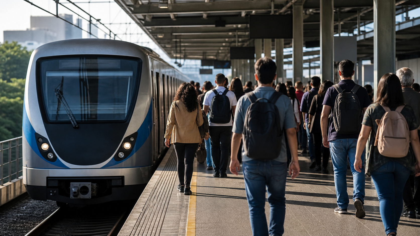 Ilustração de trem metropolitano genérico chegando a plataforma movimentada