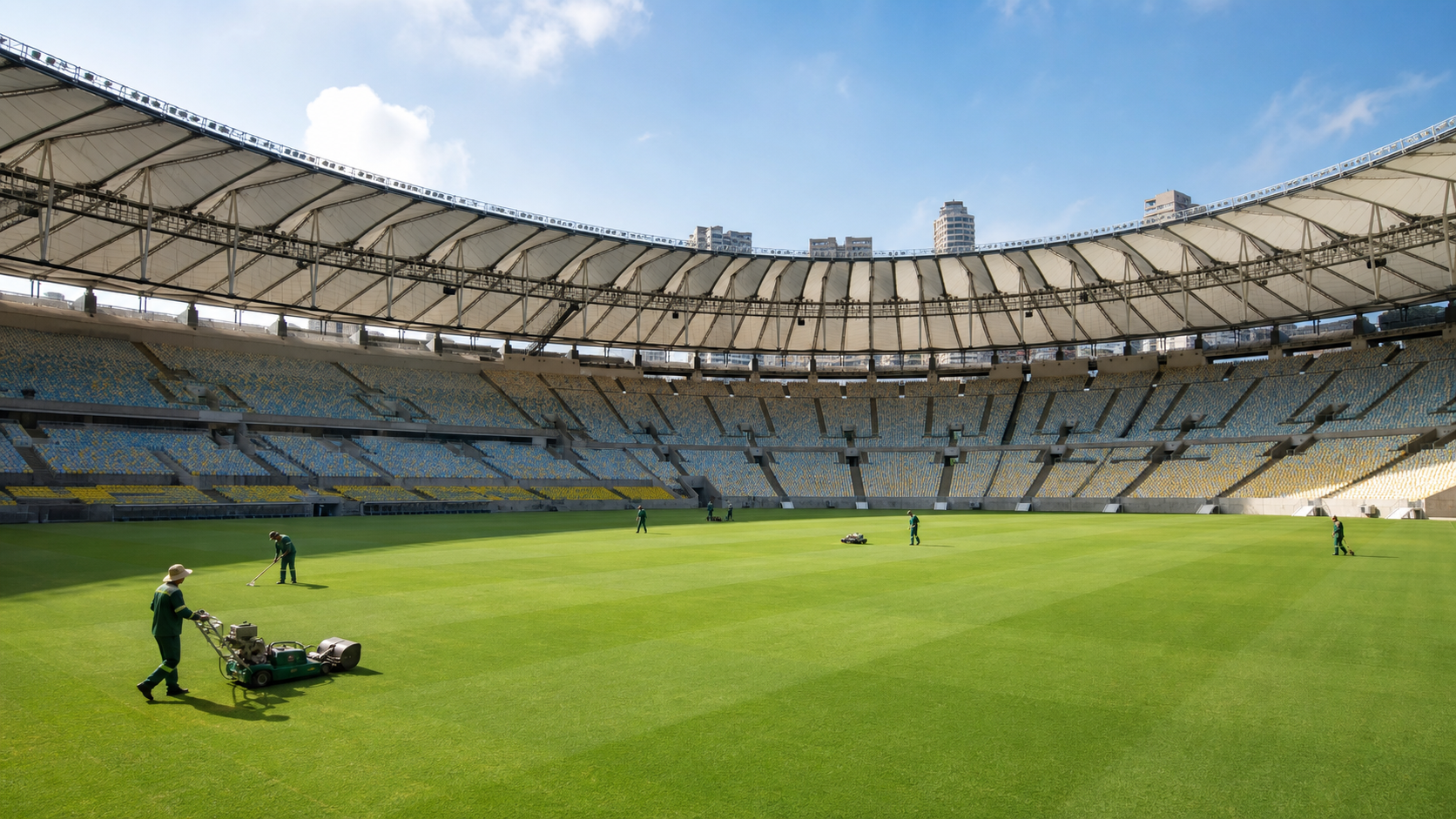 Ilustração editorial de estádio de futebol vazio com equipe anônima preparando o gramado.
