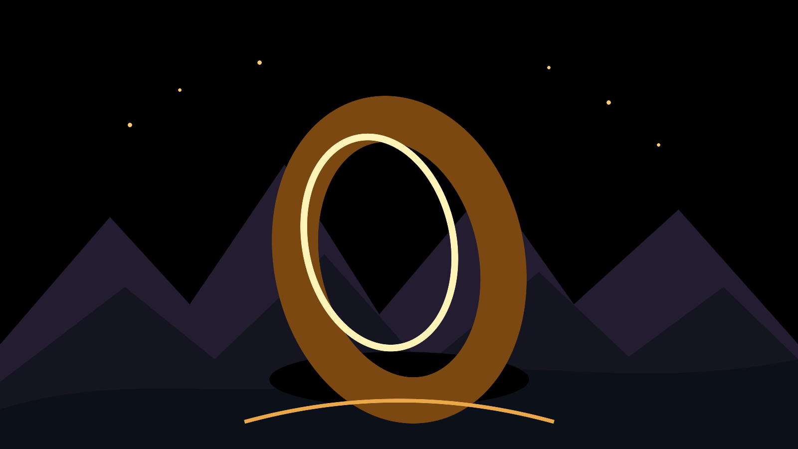 Ilustração abstrata de um anel dourado diante de montanhas e céu avermelhado em cenário de fantasia.