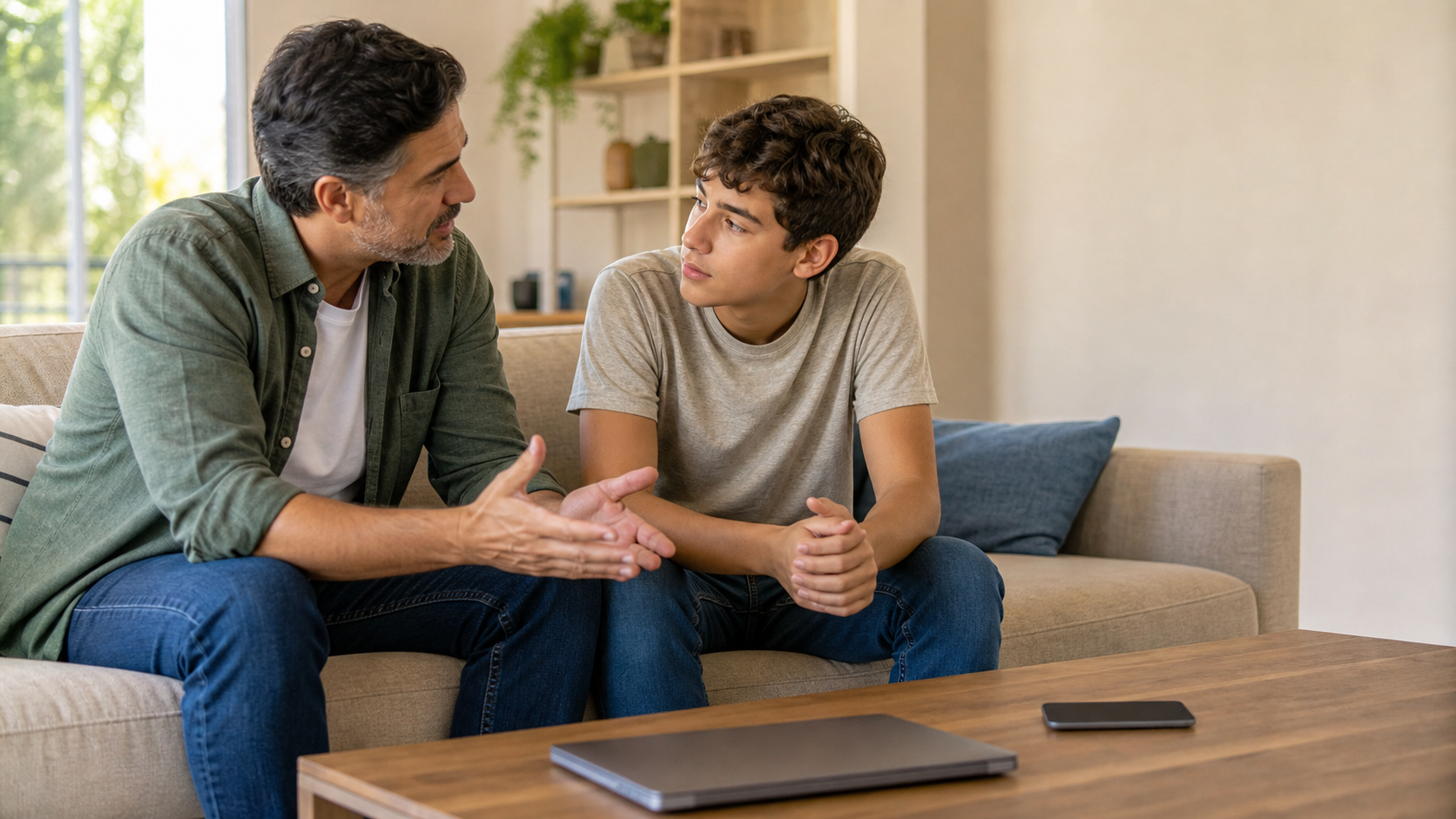 Ilustração em estilo fotográfico de um responsável conversando calmamente com um adolescente ao lado de dispositivos fechados.