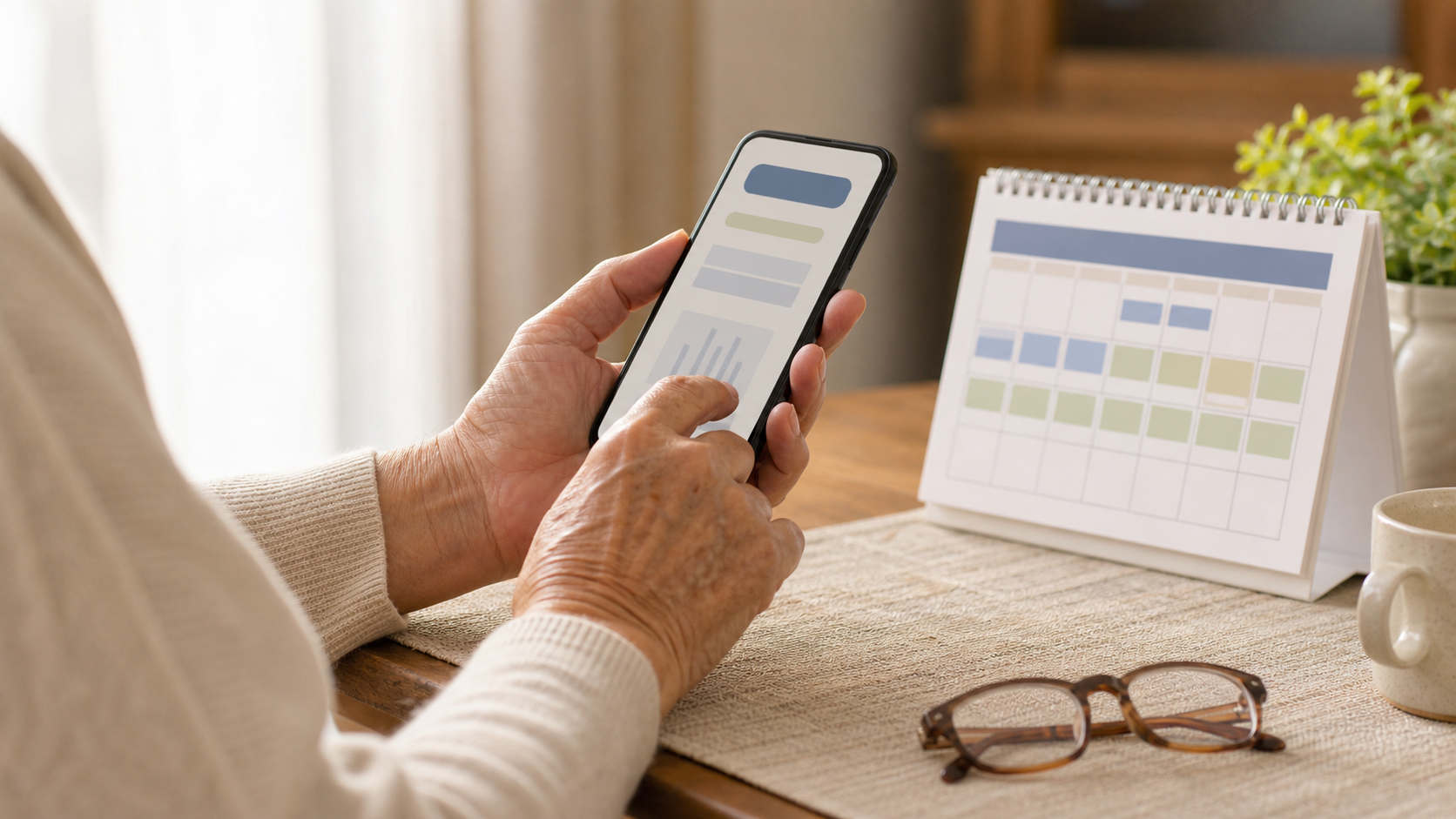 Ilustração em estilo fotográfico de uma pessoa idosa consultando um celular genérico ao lado de um calendário sem texto.