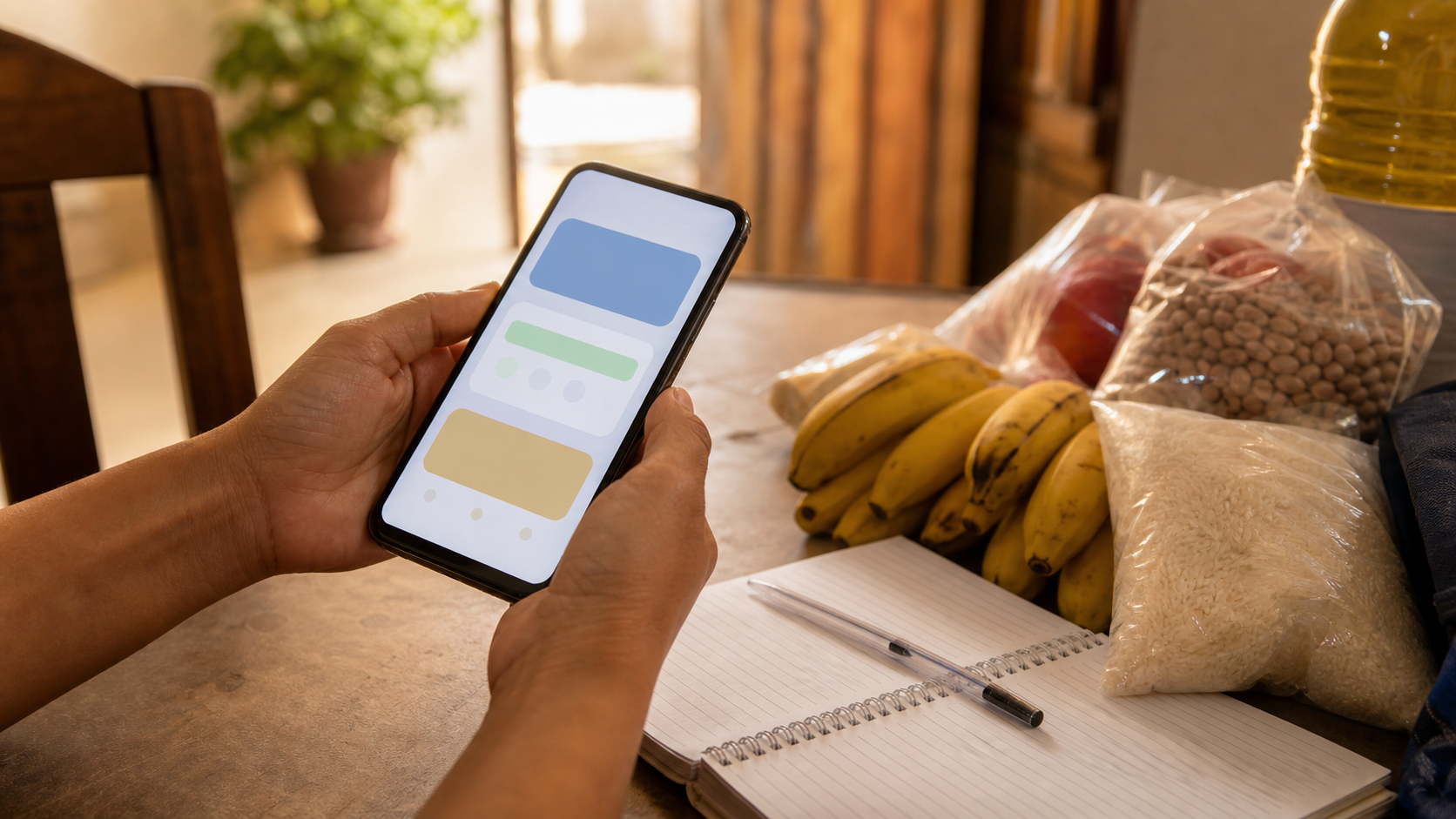 Mãos de pessoa não identificada consultando aplicativo genérico ao lado de alimentos e caderno