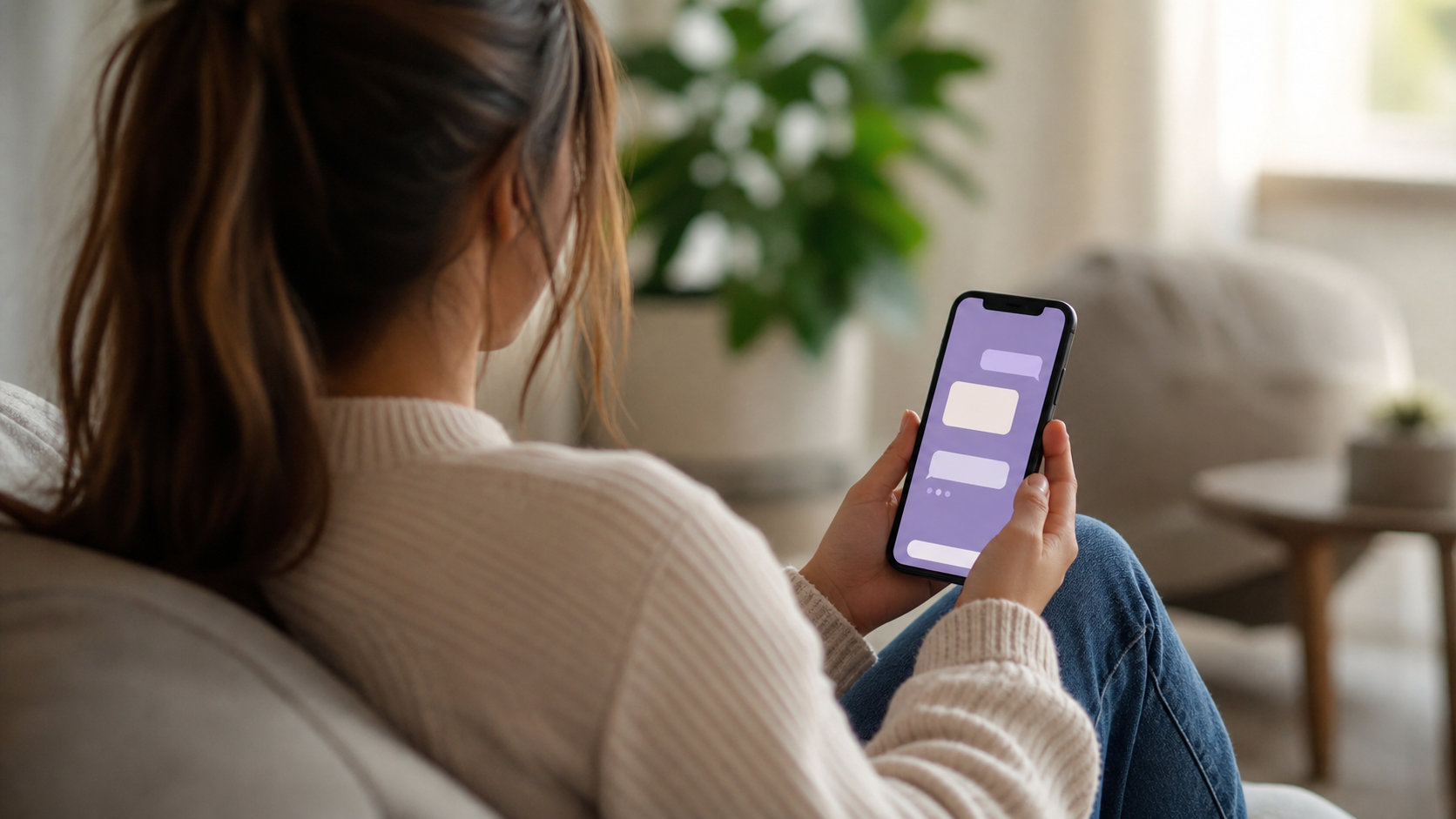Jovem visto de costas usa no celular uma interface abstrata de conversa acolhedora
