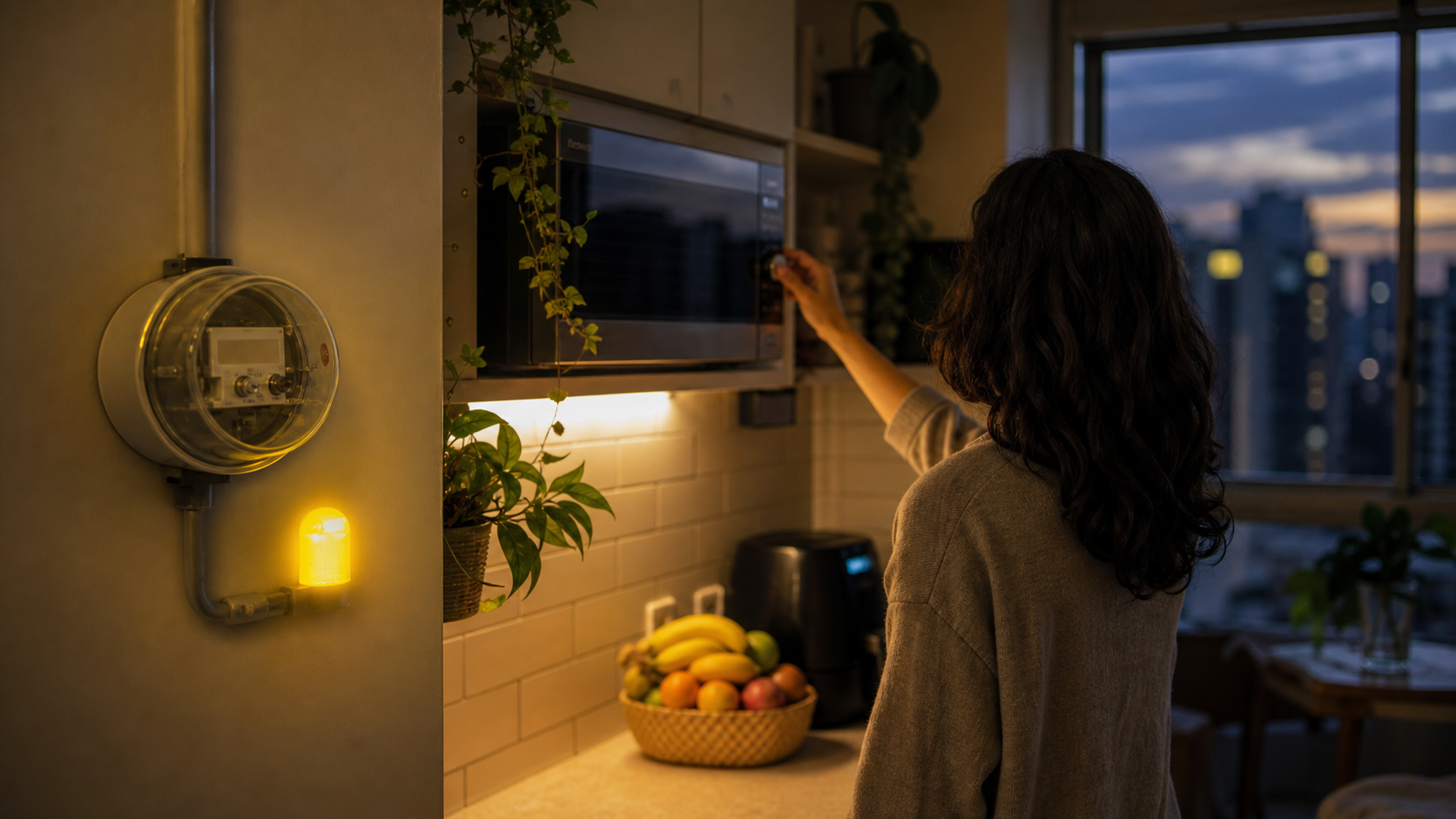 Ilustração em estilo fotográfico de uma pessoa não identificável ajustando um eletrodoméstico em uma cozinha com iluminação amarela.