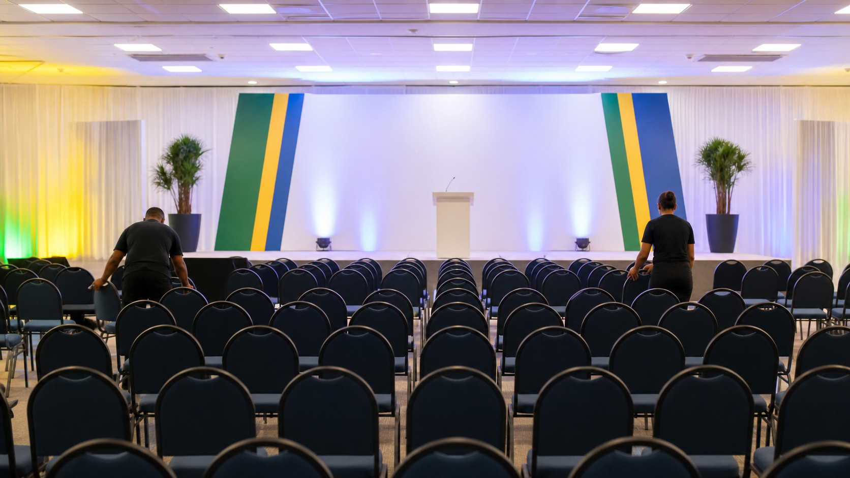 Ilustração em estilo fotográfico de um auditório neutro sendo preparado para uma convenção, sem símbolos partidários ou pessoas identificáveis.