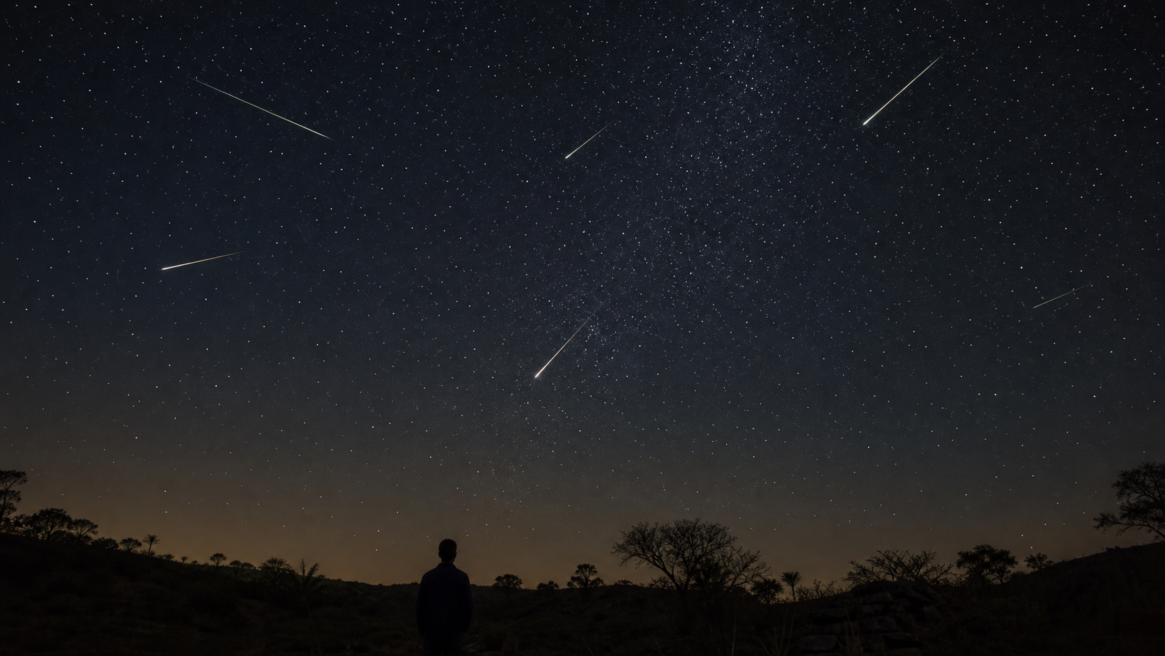 Ilustração editorial de observador anônimo sob céu escuro com rastros de meteoros.