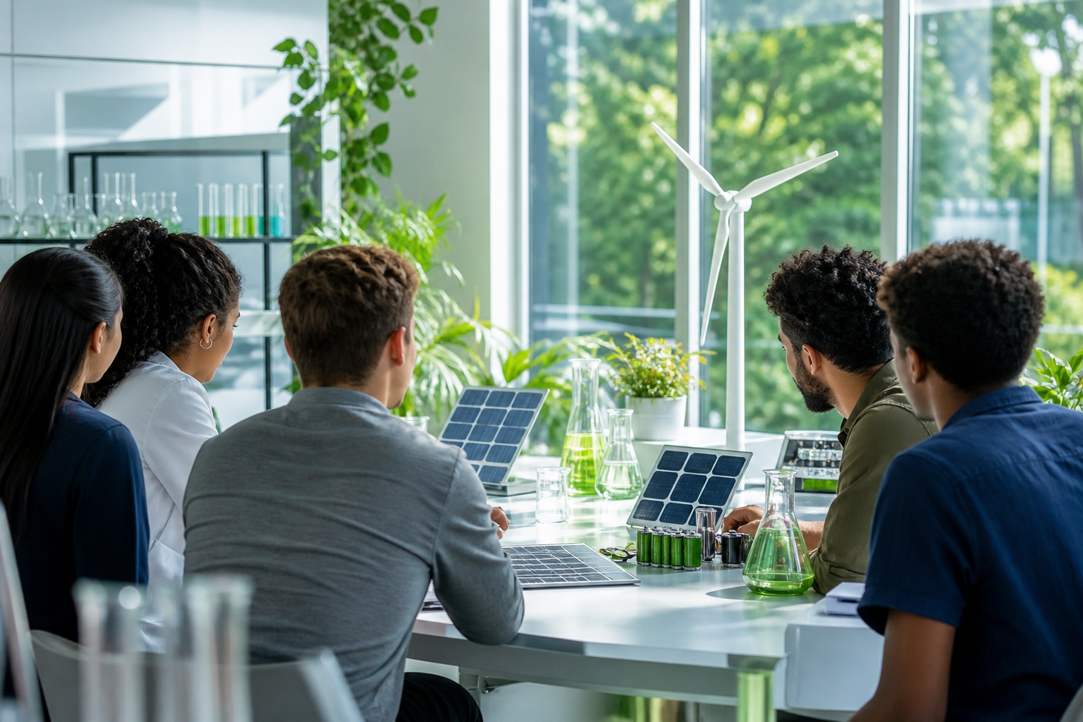 Grupo não identificável analisa protótipos de energia solar, eólica e armazenamento em laboratório