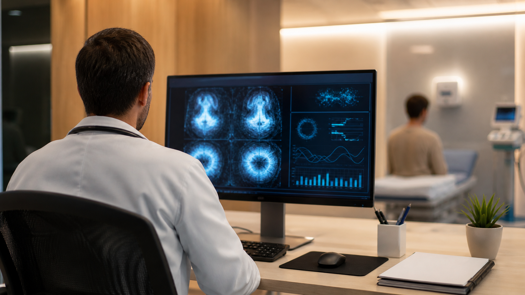 Médico não identificável observa imagens clínicas abstratas e gráficos em monitor