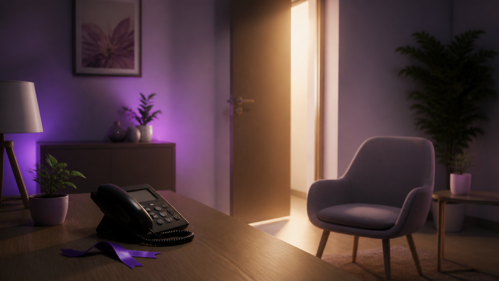 Ilustração de sala de acolhimento com telefone, cadeira vazia, luz segura e tons roxos