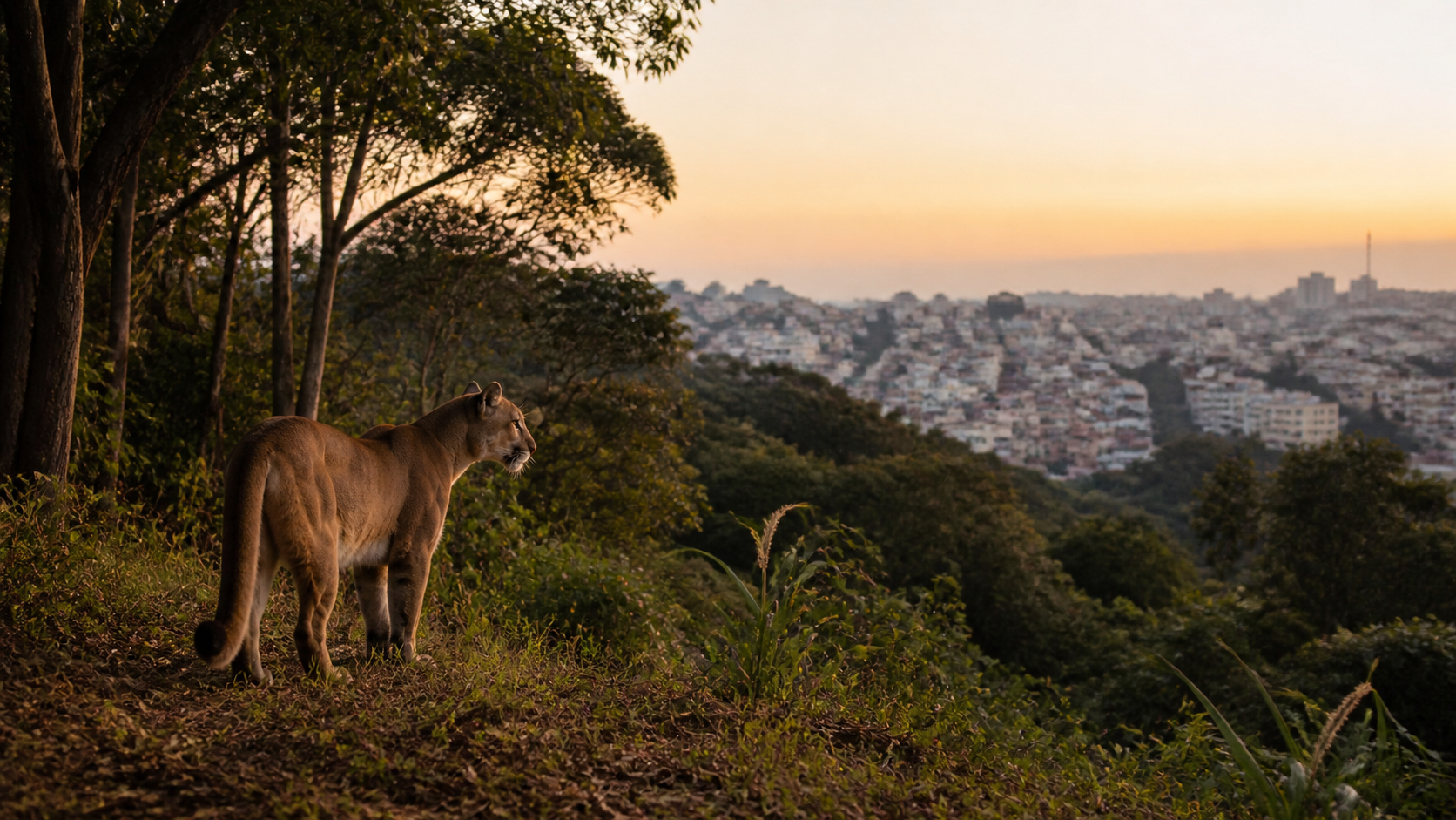 Ilustração de onça-parda na borda de mata com bairro urbano distante ao amanhecer