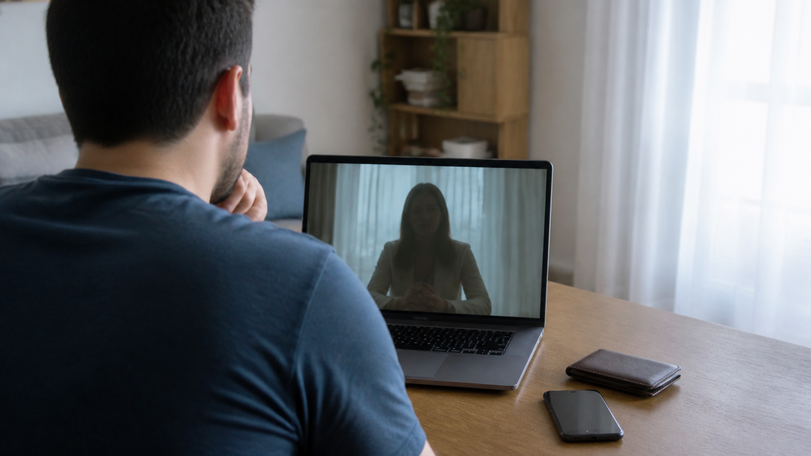 Pessoa vista de costas participa de atendimento remoto de saúde mental em computador