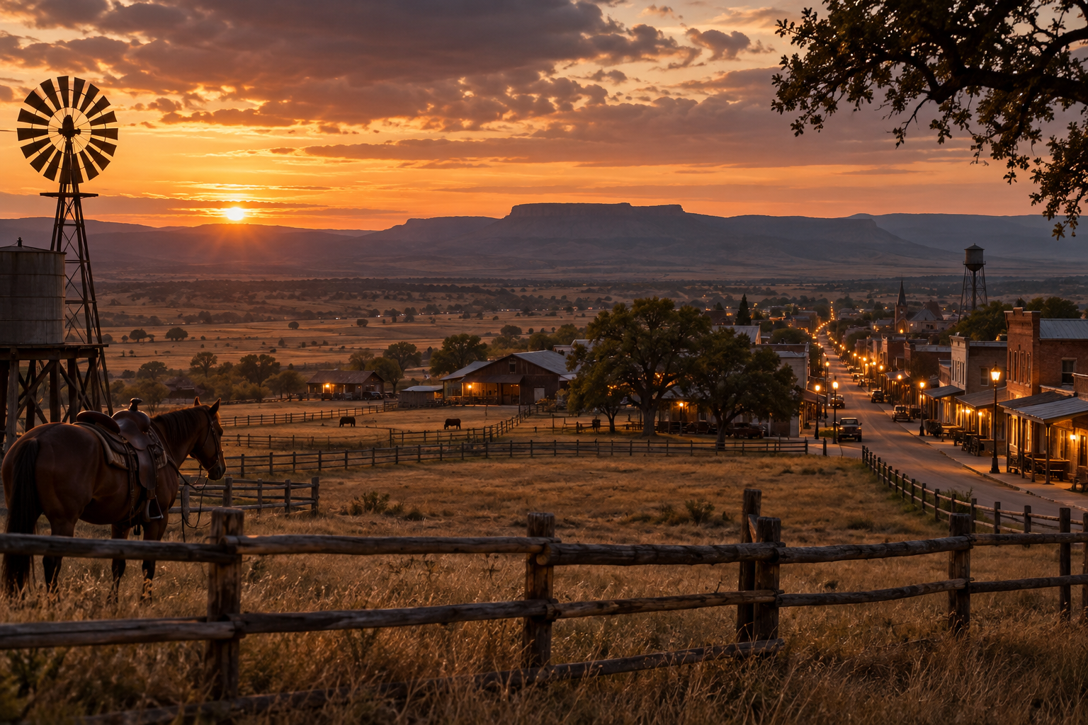Ilustração editorial de uma cidade rural do Texas ao pôr do sol com cercas e rancho