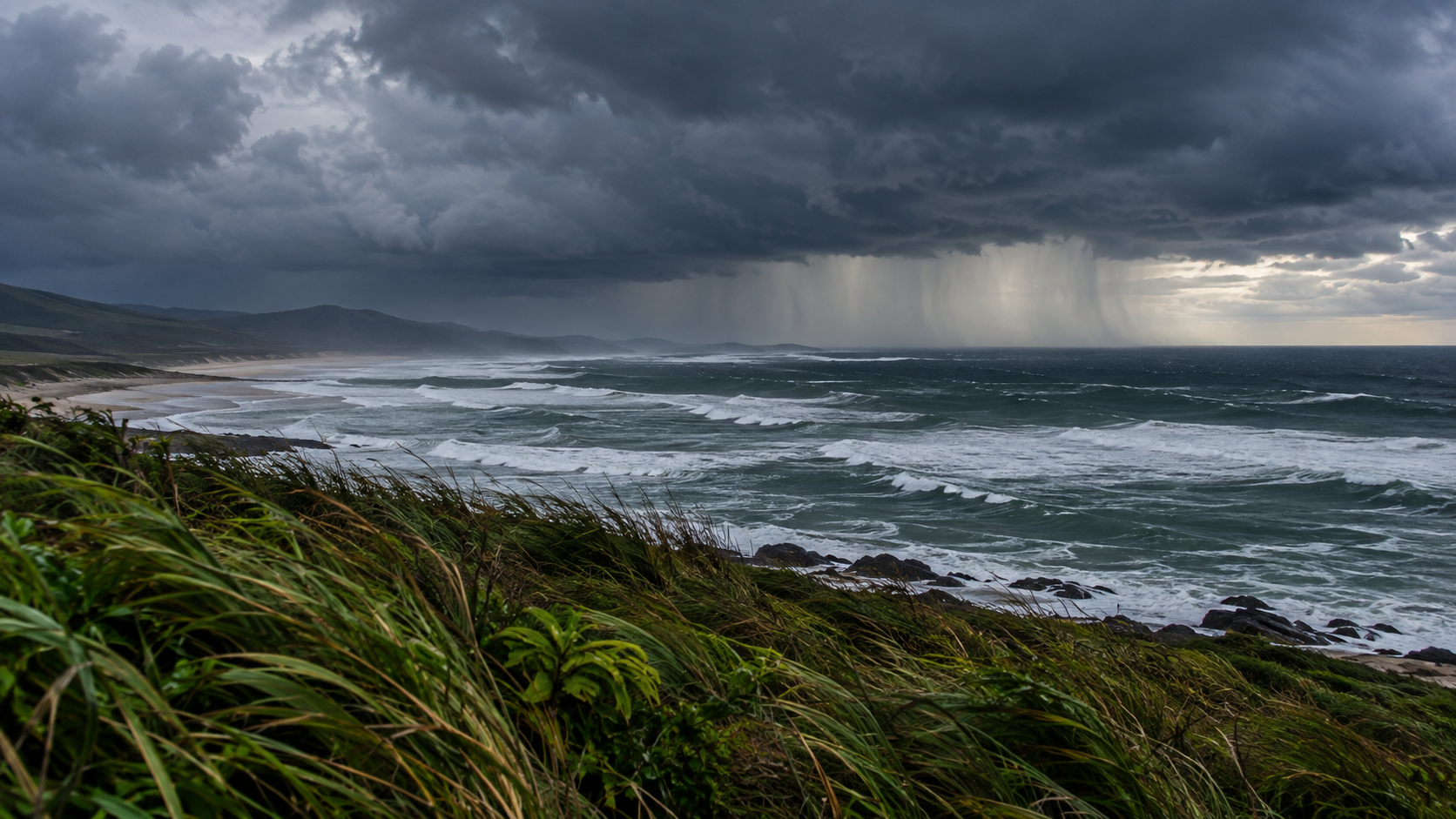 Costa do Sul do Brasil com mar agitado, nuvens carregadas e chuva ao fundo