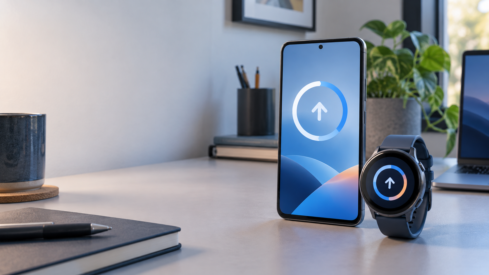 Smartphone e smartwatch genéricos exibindo indicadores abstratos de atualização sobre uma mesa