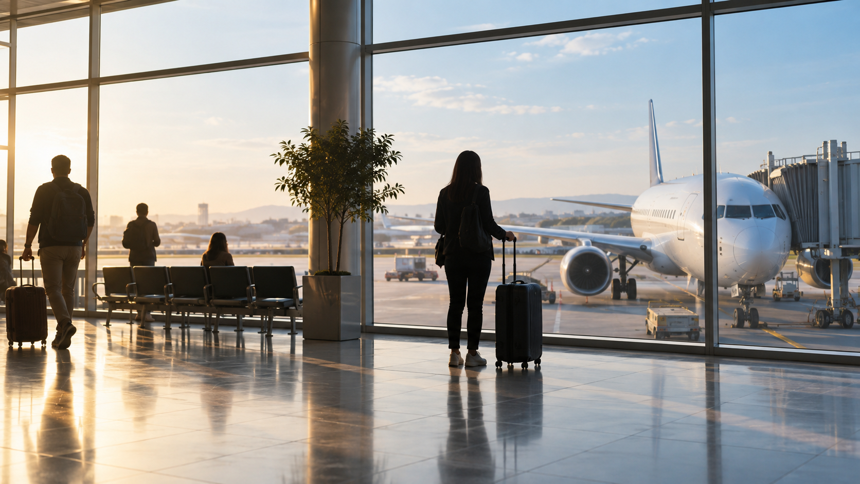 Avião comercial genérico diante de terminal de aeroporto com viajantes em silhueta