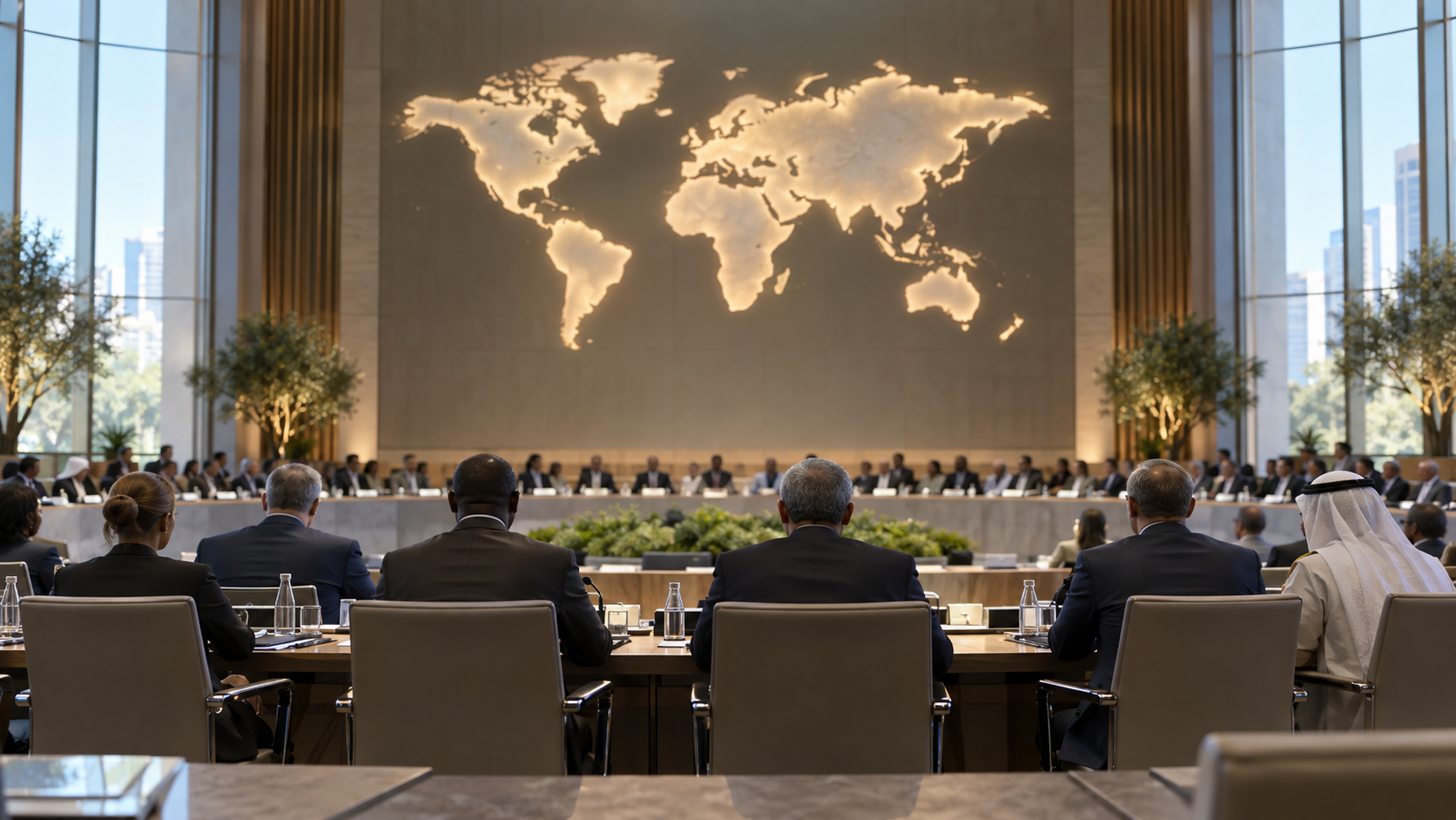 Sala de conferência internacional com delegados anônimos vistos de costas e mapa-múndi abstrato ao fundo
