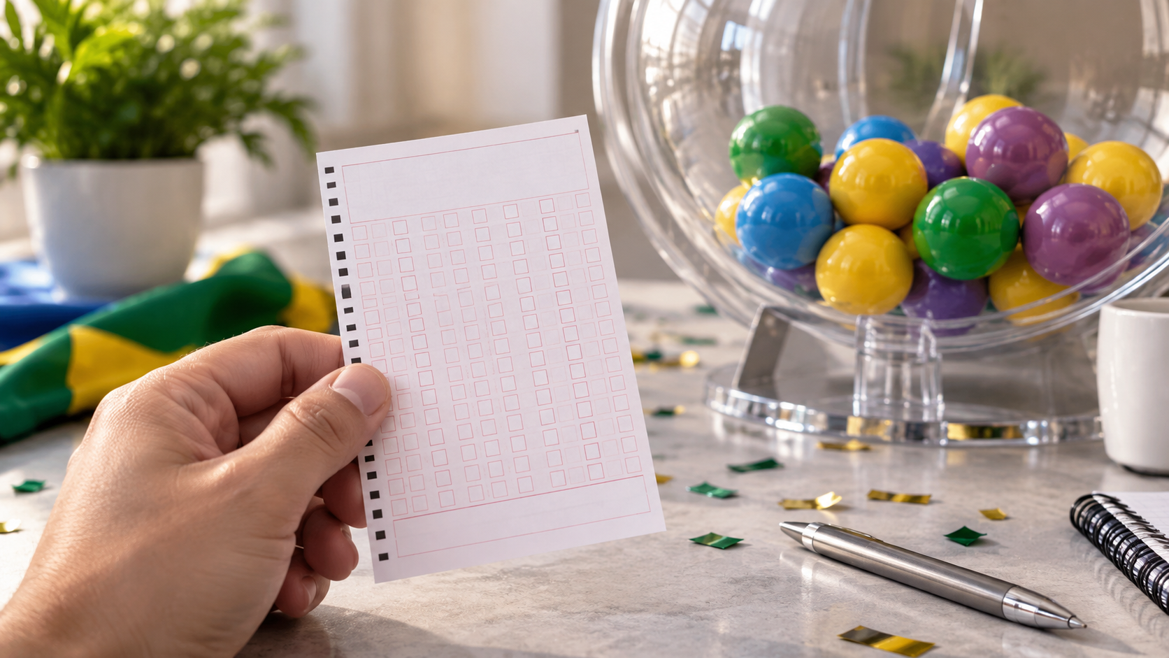 Mão segurando um volante de loteria sem marcas ao lado de bolas coloridas em uma mesa
