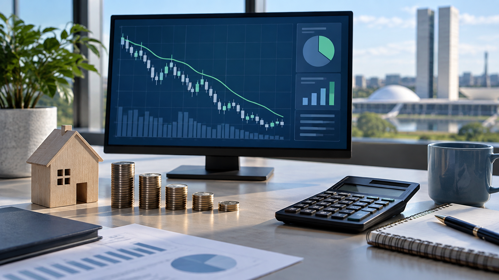 Ilustração de um gráfico financeiro abstrato, moedas, calculadora e caderno em uma mesa de trabalho