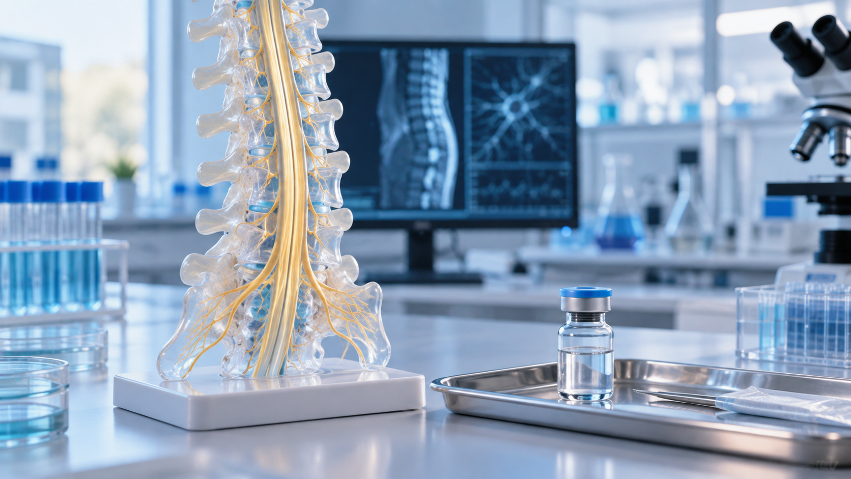 Ilustração de modelo anatômico de medula espinhal e frasco genérico em laboratório de pesquisa