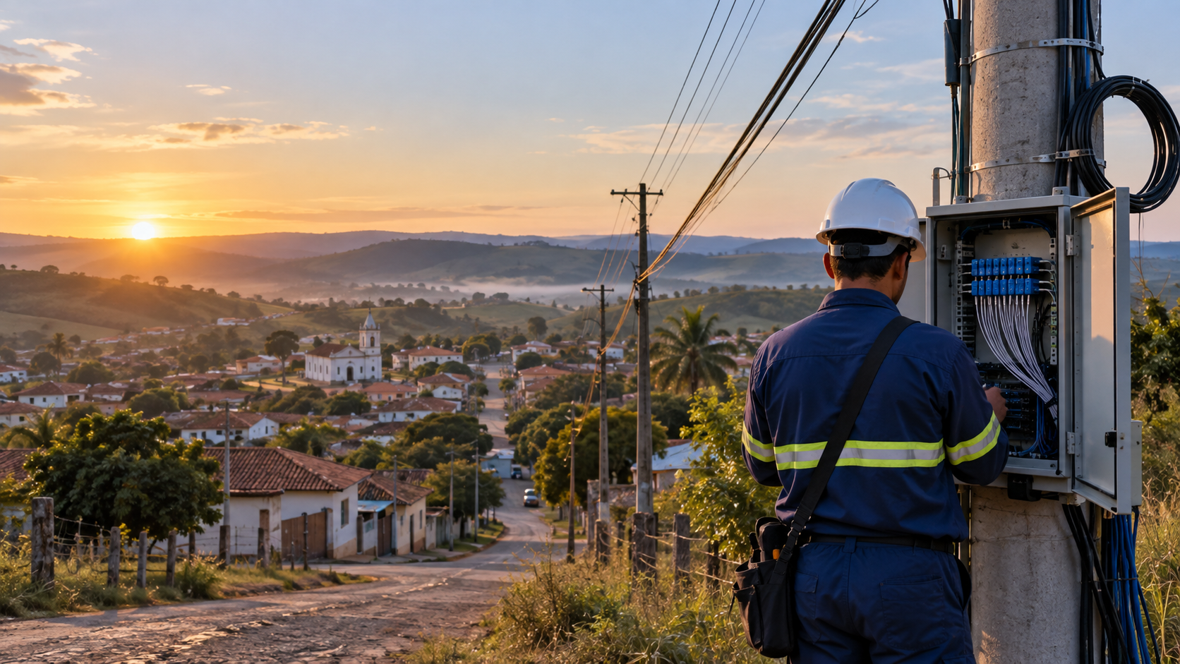 Ilustração de técnico sem rosto identificável trabalhando em cabos de fibra óptica diante de uma pequena cidade brasileira