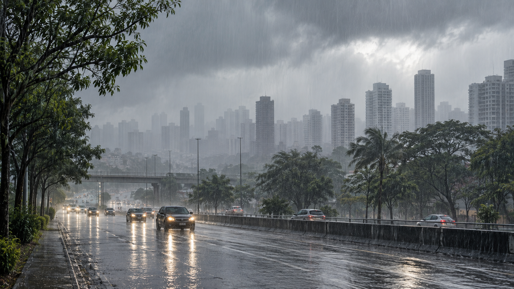 Ilustração de área urbana de São Paulo sob chuva intensa e céu carregado