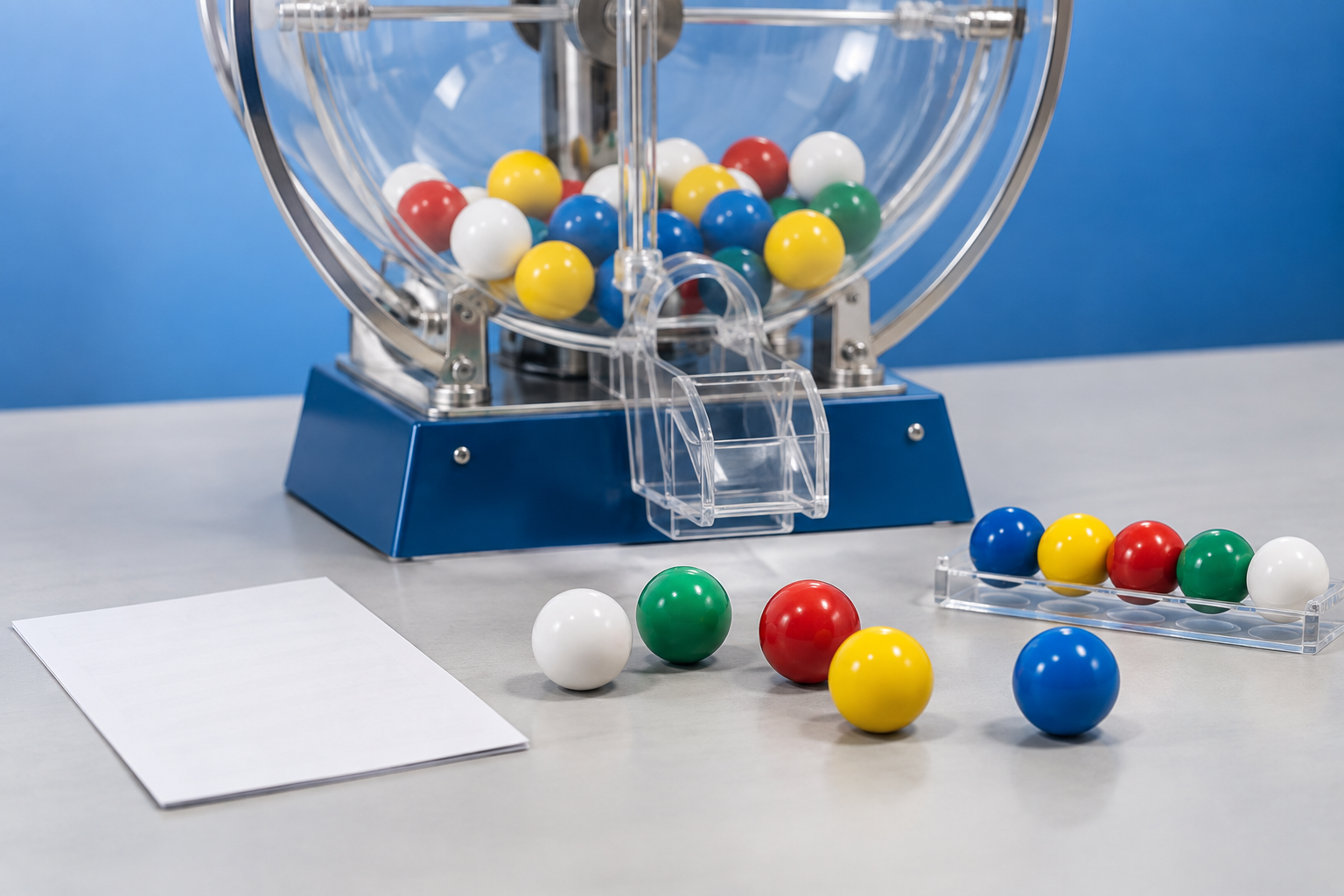 Máquina genérica de sorteio com bolas coloridas sem números legíveis sobre uma mesa clara