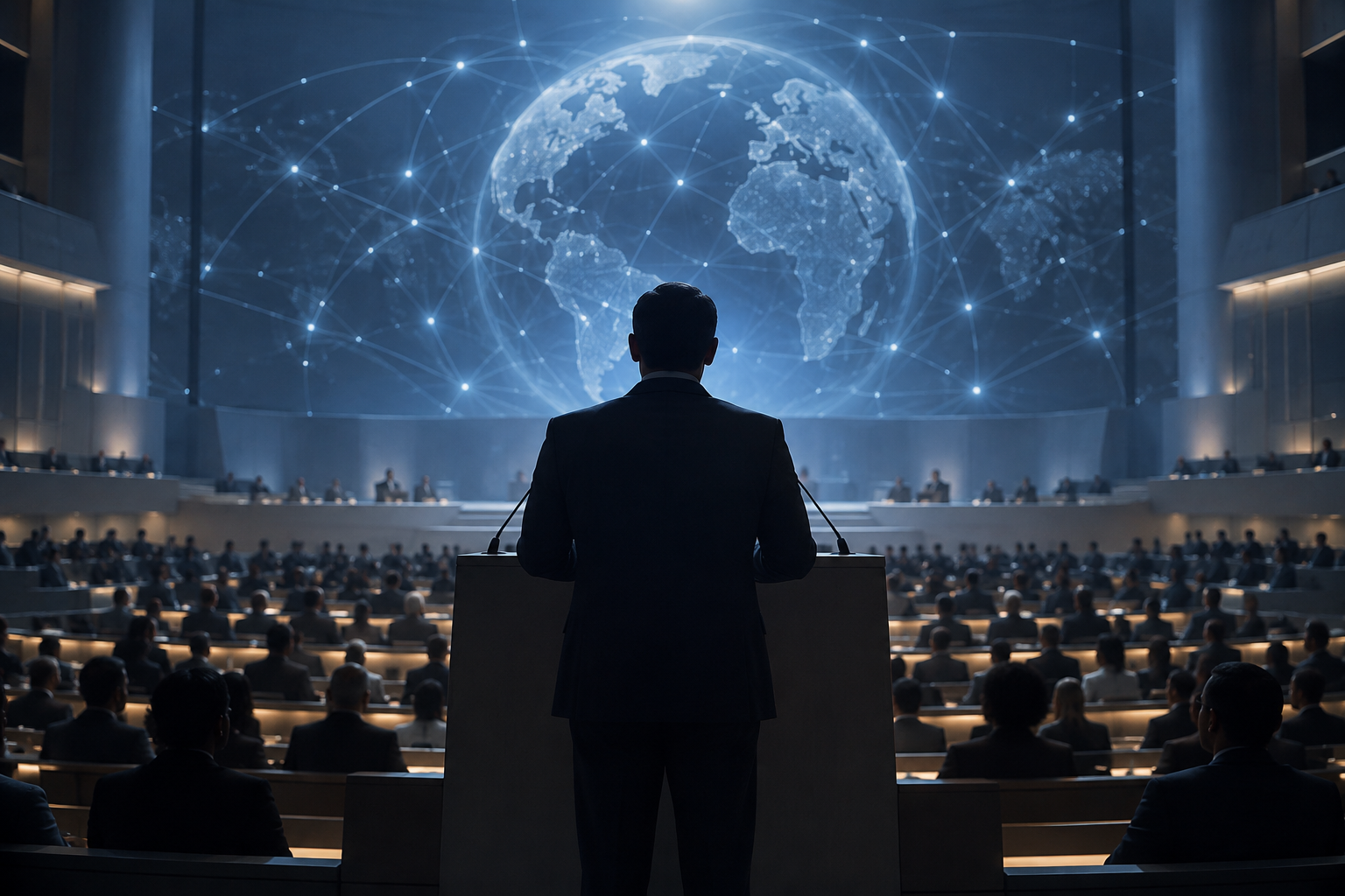 Silhueta genérica diante de um plenário com uma representação abstrata de rede global e inteligência artificial