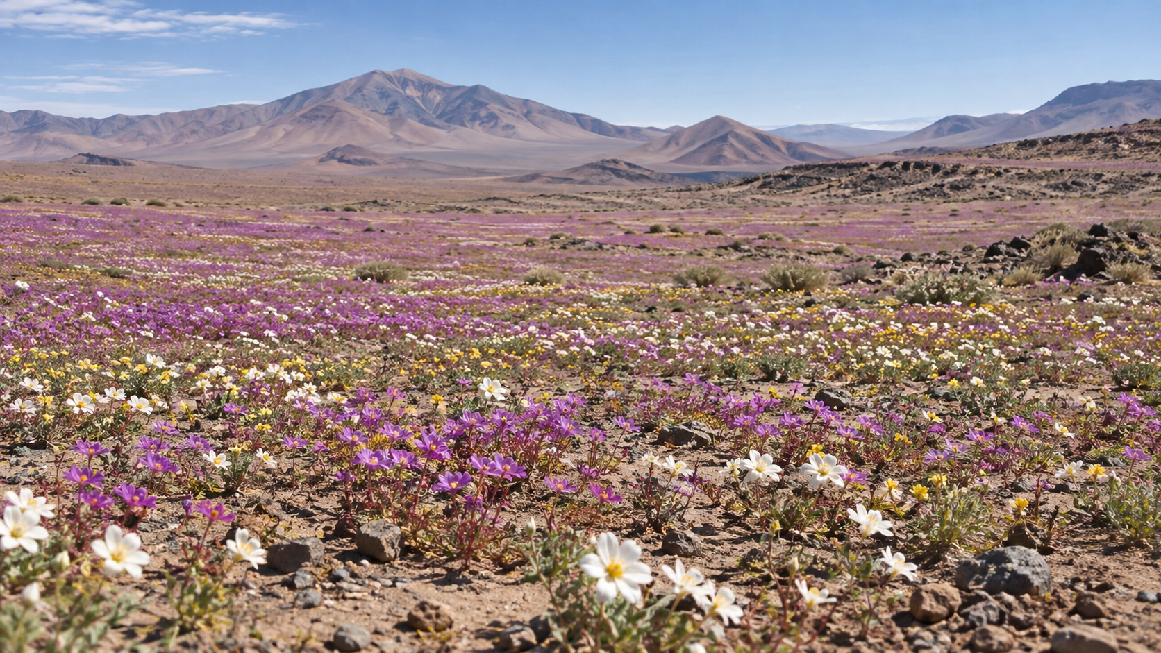 Campo de flores coloridas diante de montanhas no deserto do Atacama