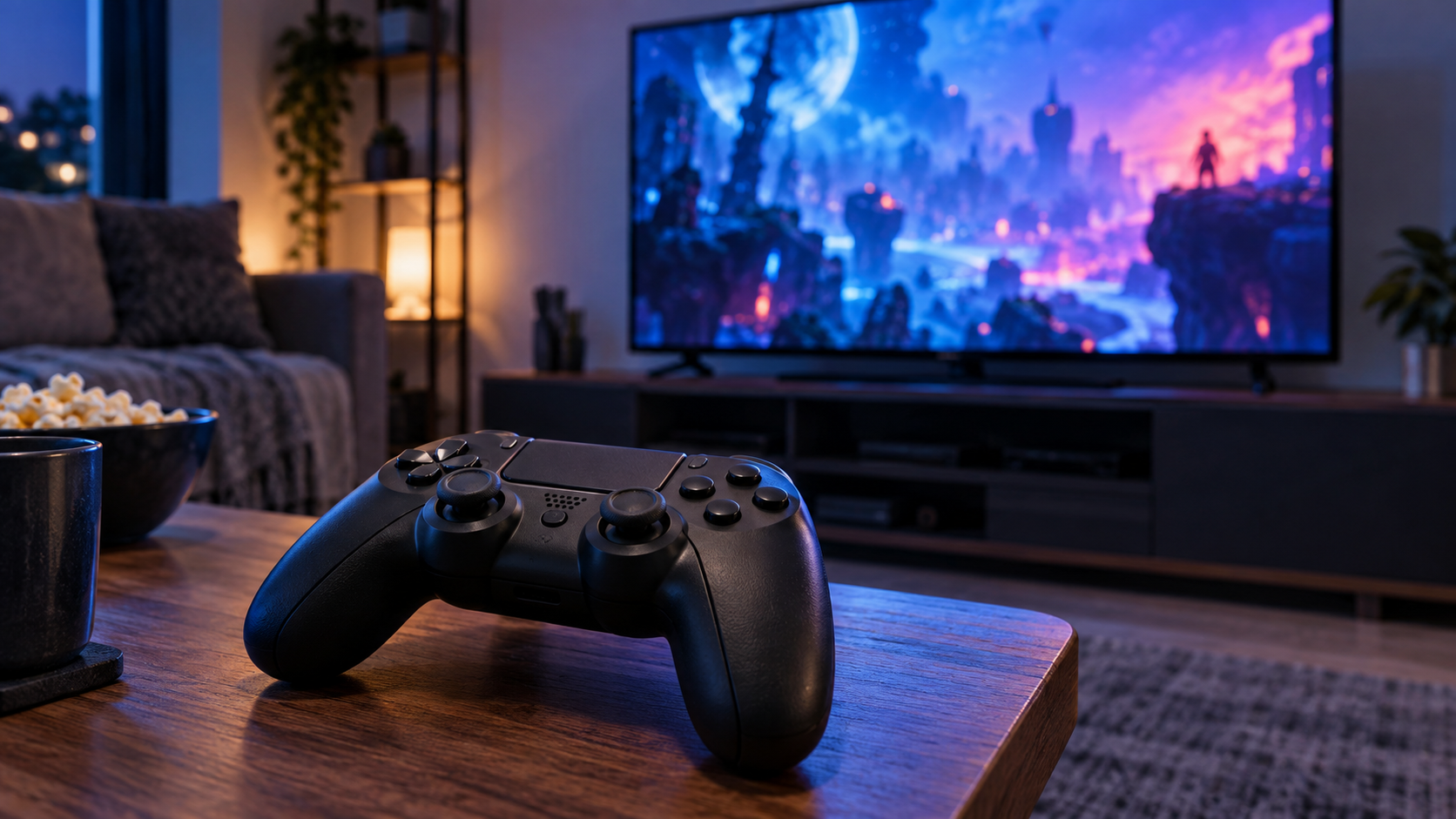 Controle de videogame diante de uma televisão com cena abstrata sem texto