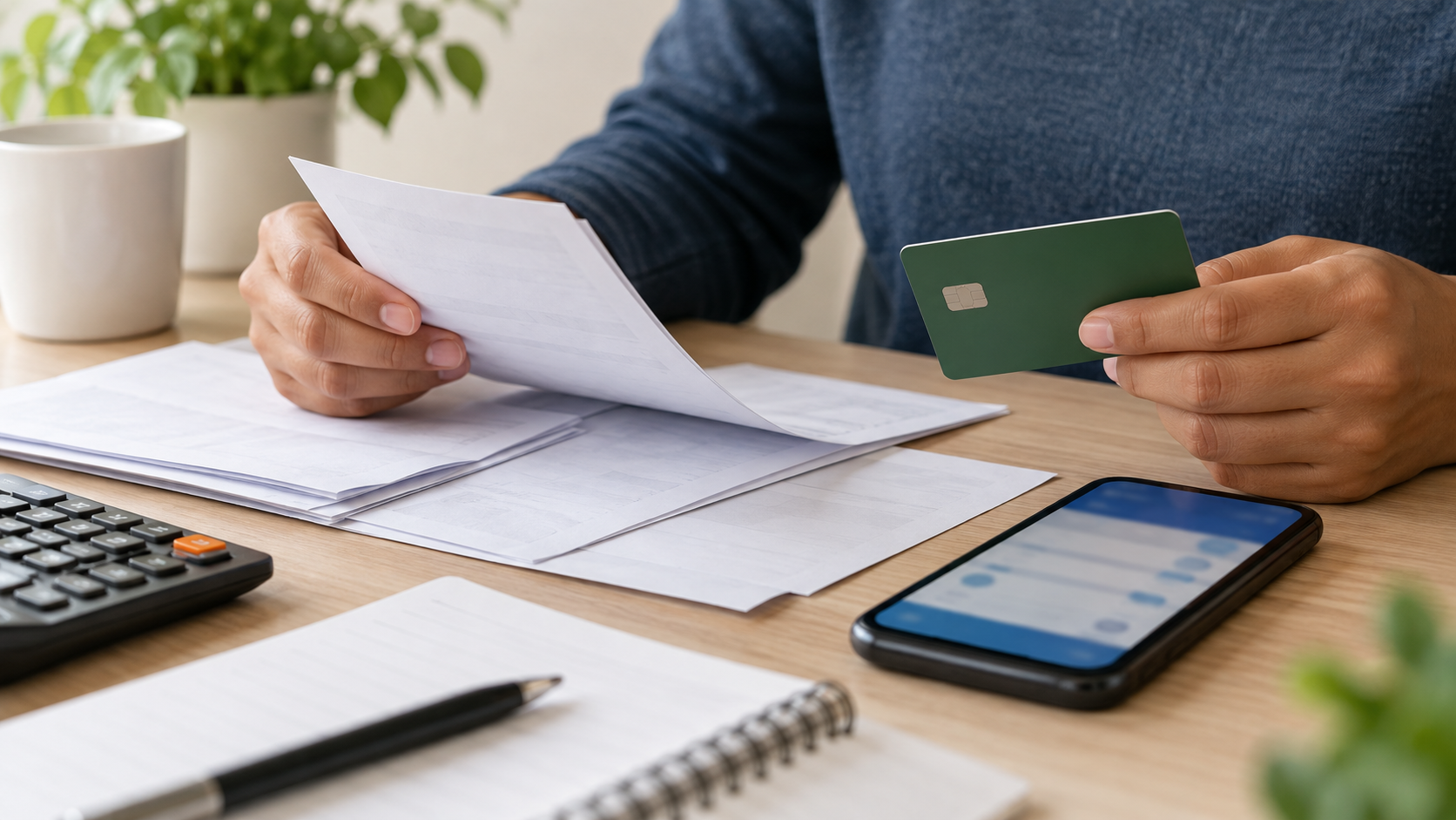 Ilustração de pessoa consultando documentos financeiros e um cartão sem identificação