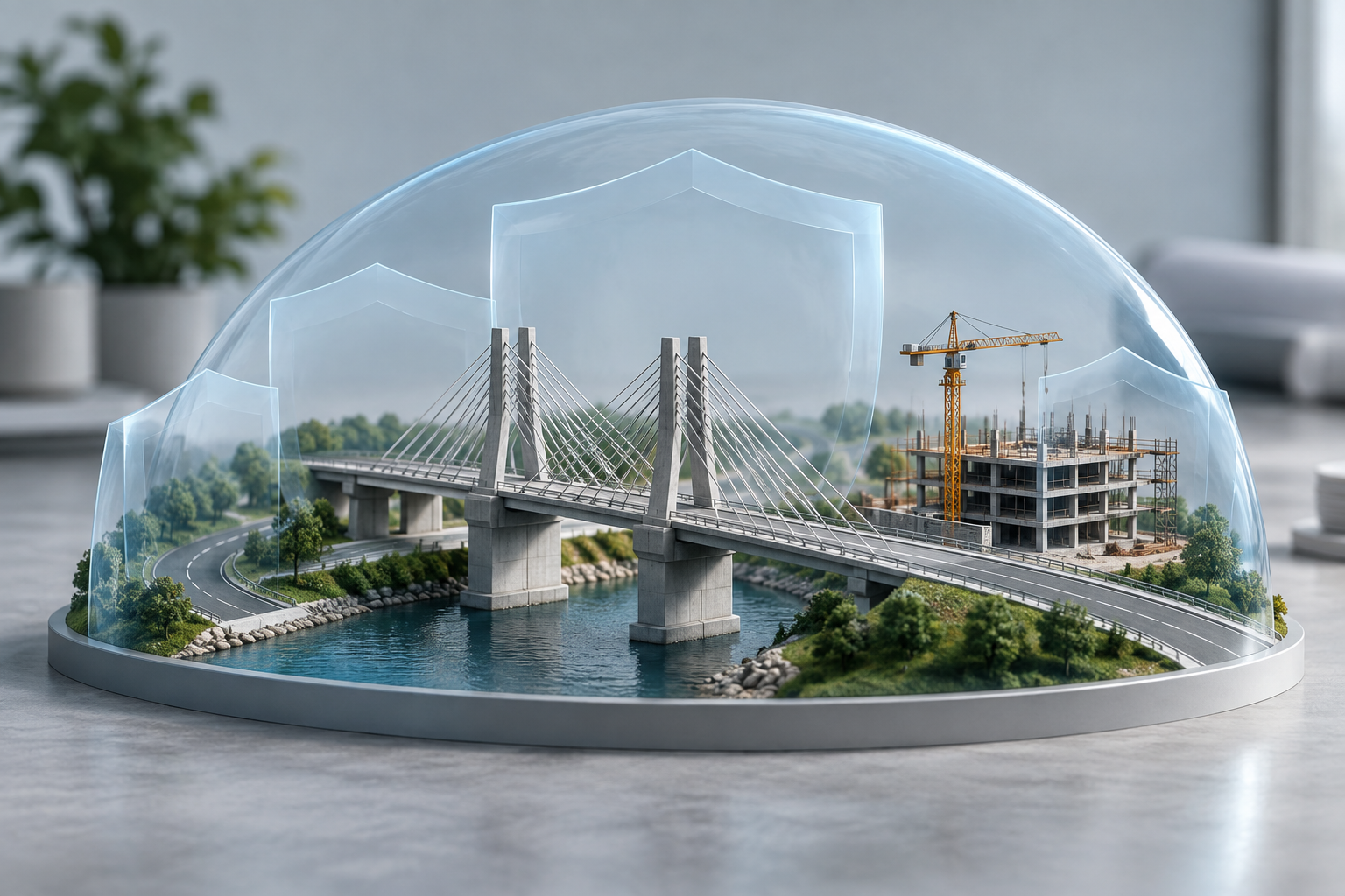 Maquete abstrata de uma ponte e uma rodovia com elementos de proteção sobre uma mesa, sem logotipos
