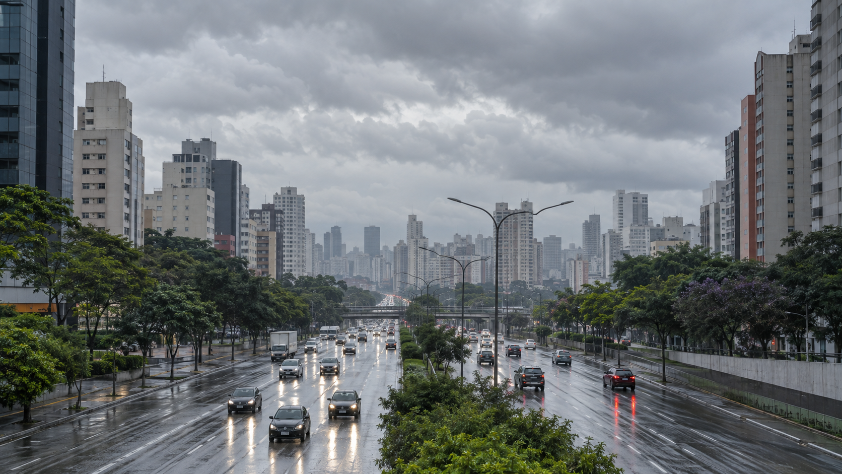 Avenida urbana de São Paulo com pista molhada, céu nublado e prédios ao fundo