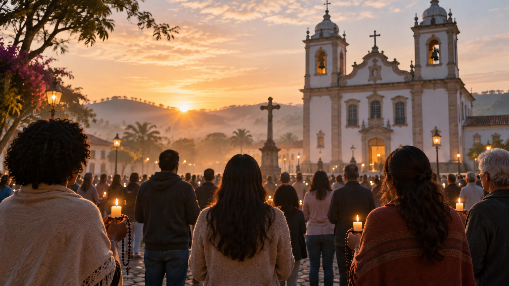 Ilustração editorial de fiéis em uma praça diante de uma igreja ao amanhecer, sem retratar pessoa real