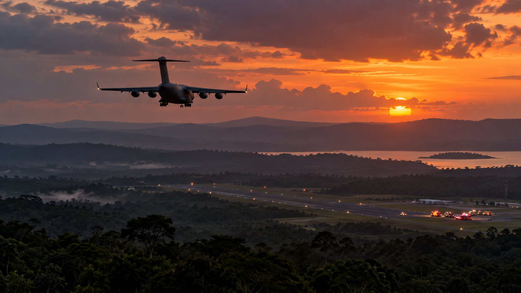 Aeronave militar genérica sobrevoa uma paisagem remota ao lado de uma pista ao entardecer