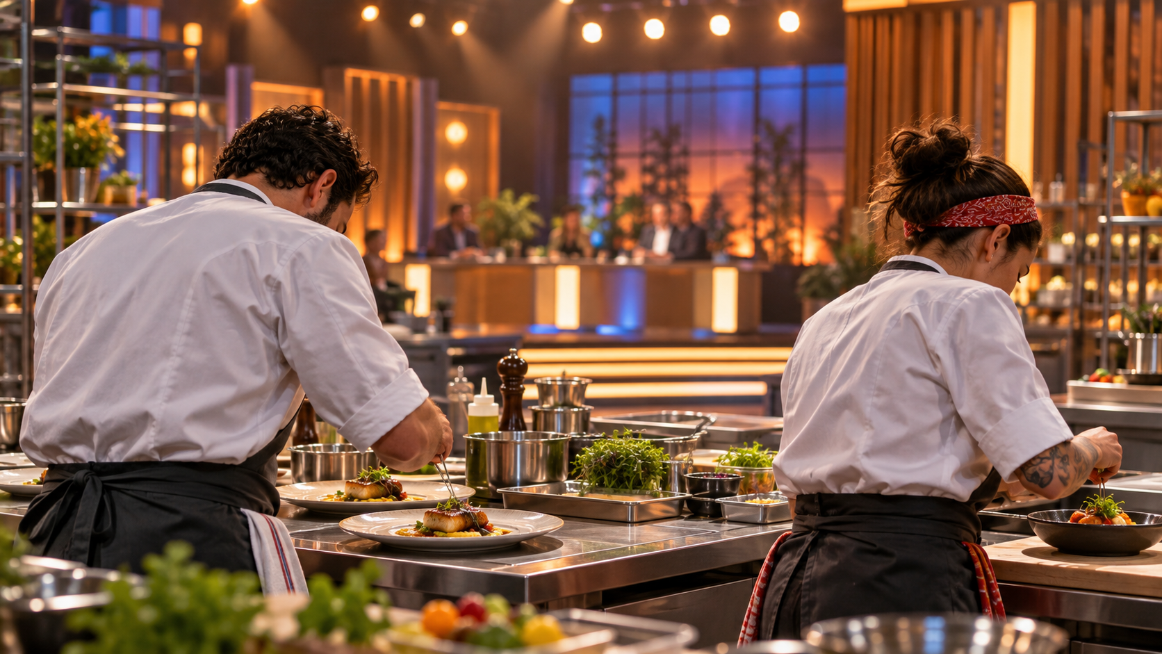 Dois cozinheiros genéricos preparam pratos em uma cozinha de competição televisiva