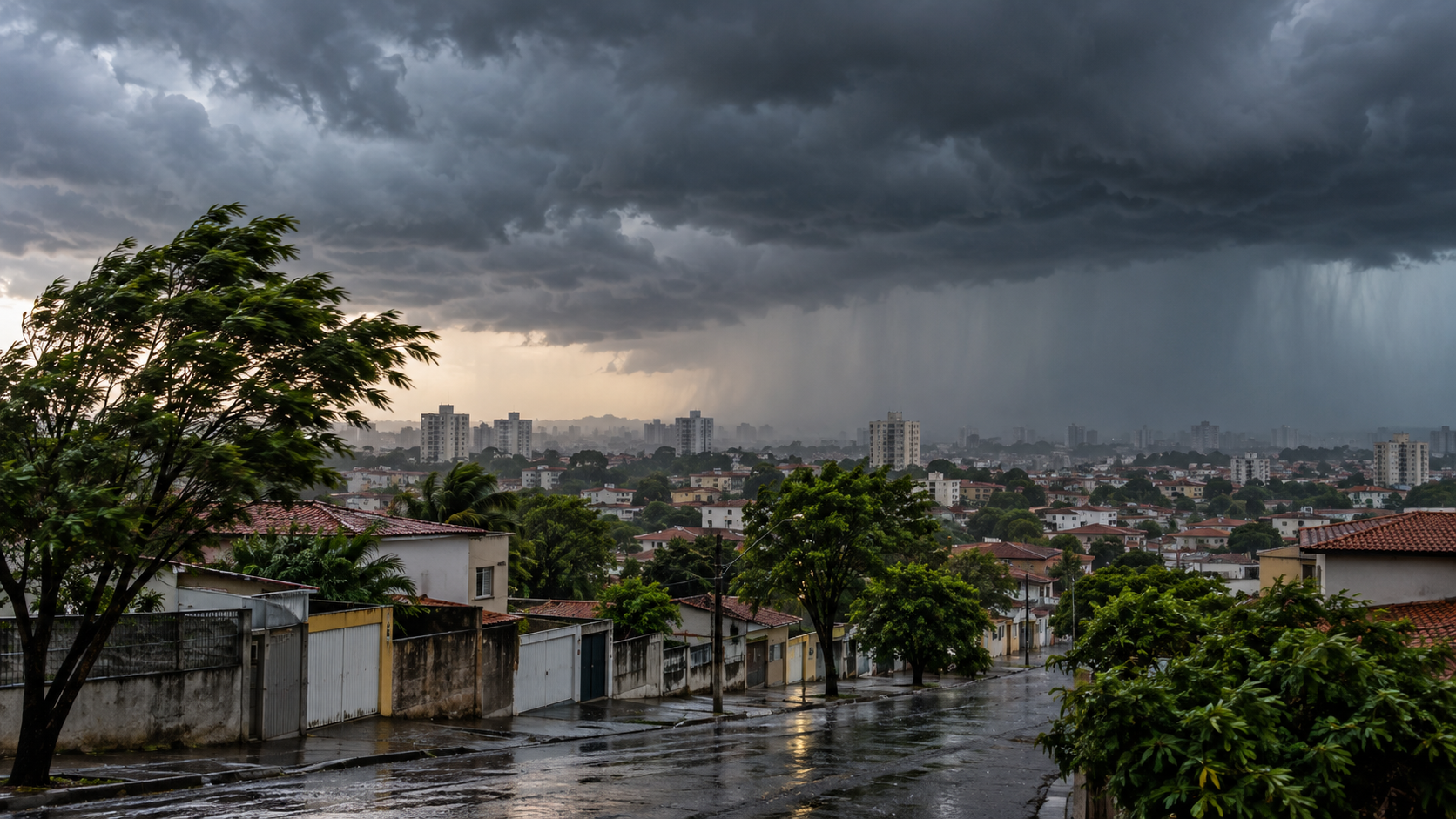 Vista de uma cidade brasileira sob nuvens carregadas e chuva intensa ao fundo