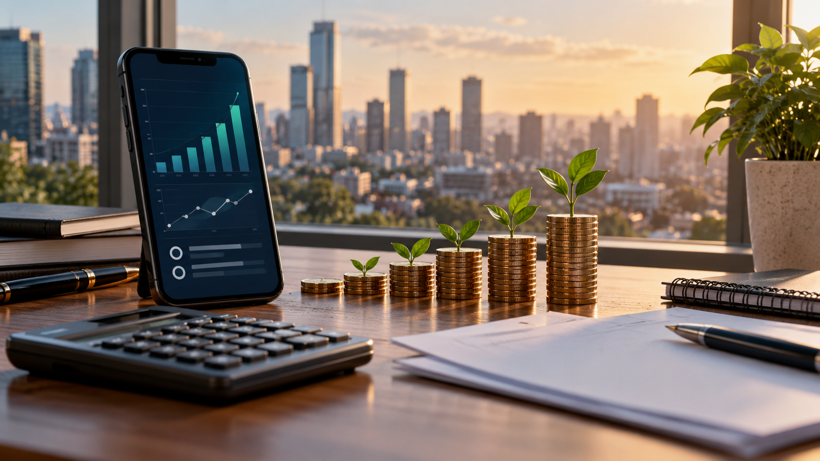 Mesa de planejamento financeiro com moedas empilhadas, calculadora e gráfico abstrato