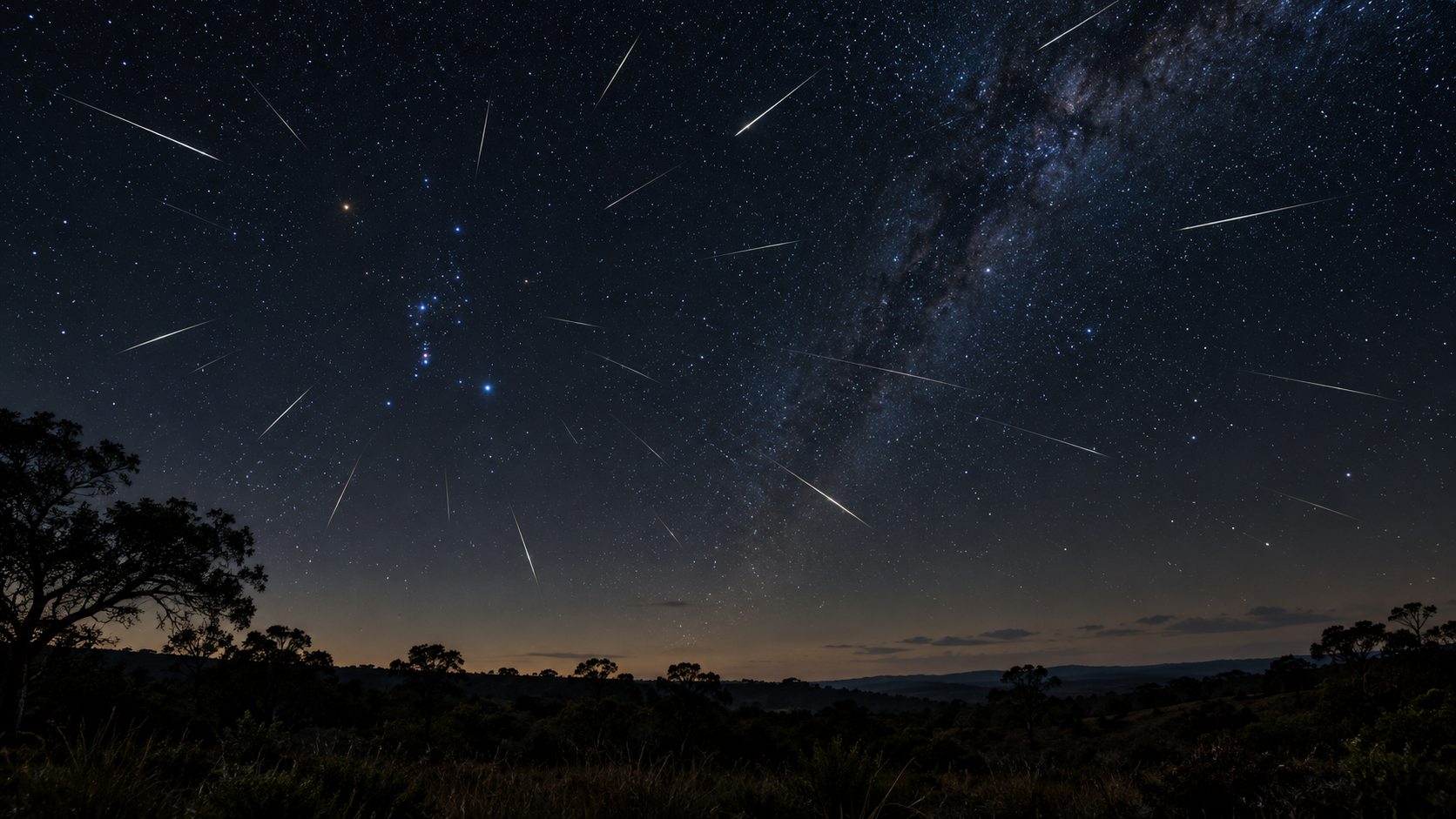 Céu noturno sobre paisagem brasileira genérica com rastros de meteoros e horizonte escuro