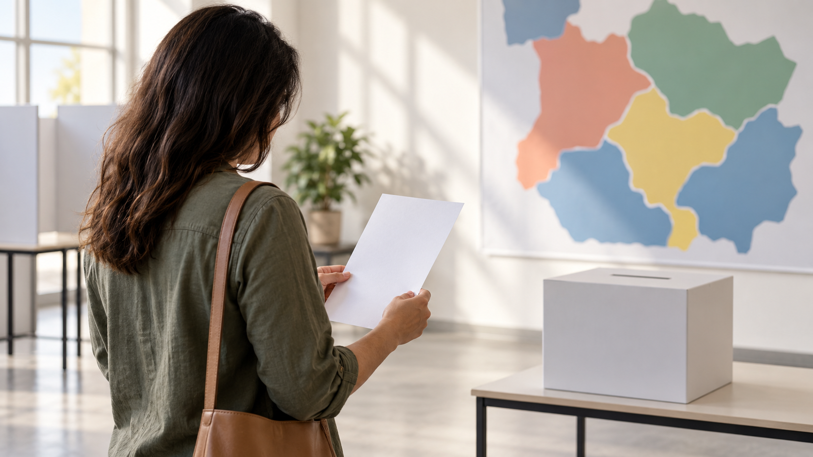 Eleitora não identificável consulta uma folha em ambiente de votação com urna genérica e mapa abstrato ao fundo