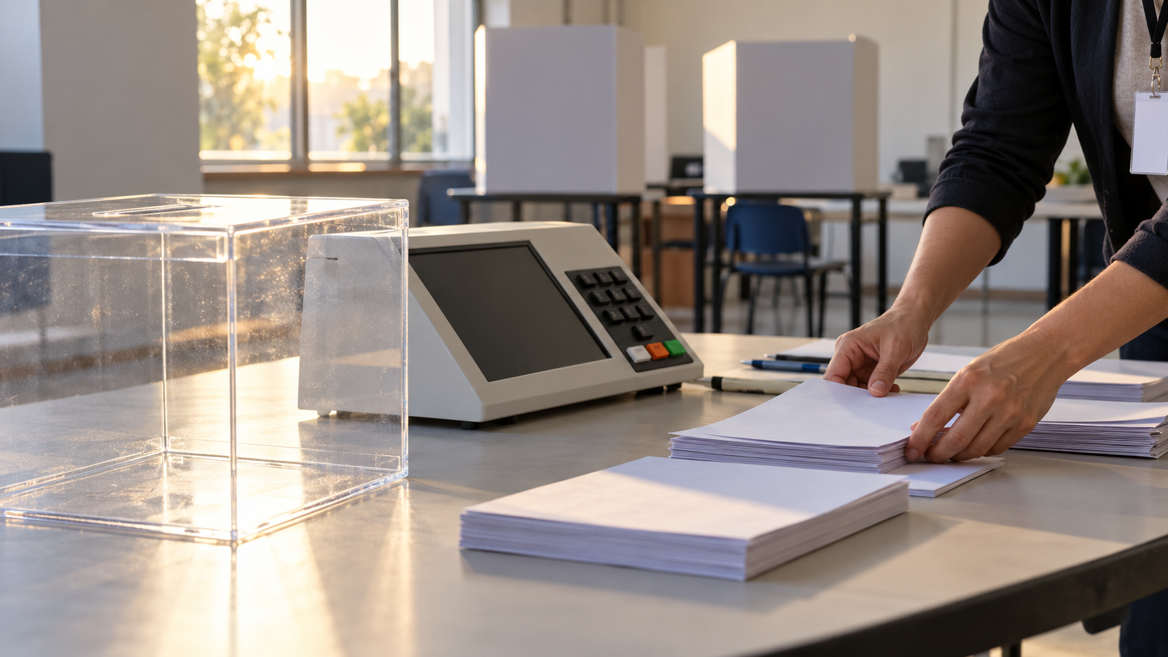 Ilustração de uma seção eleitoral sendo preparada com urna eletrônica e materiais sobre uma mesa