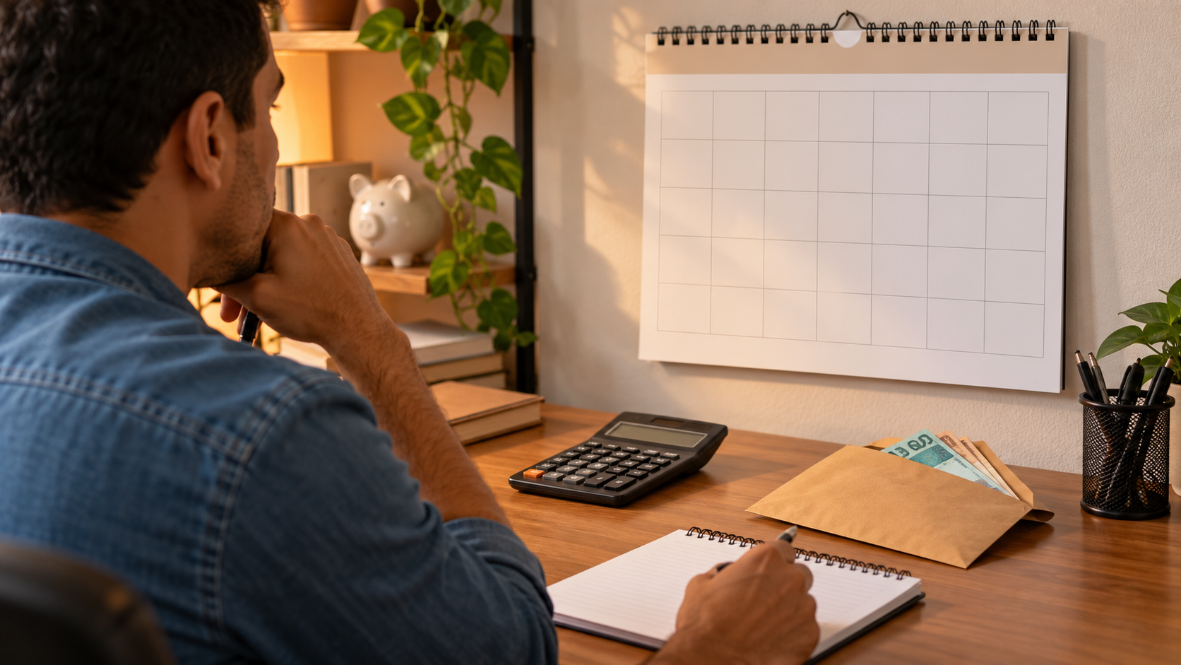 Ilustração de trabalhador diante de calendário e calculadora para representar o pagamento do 13º salário